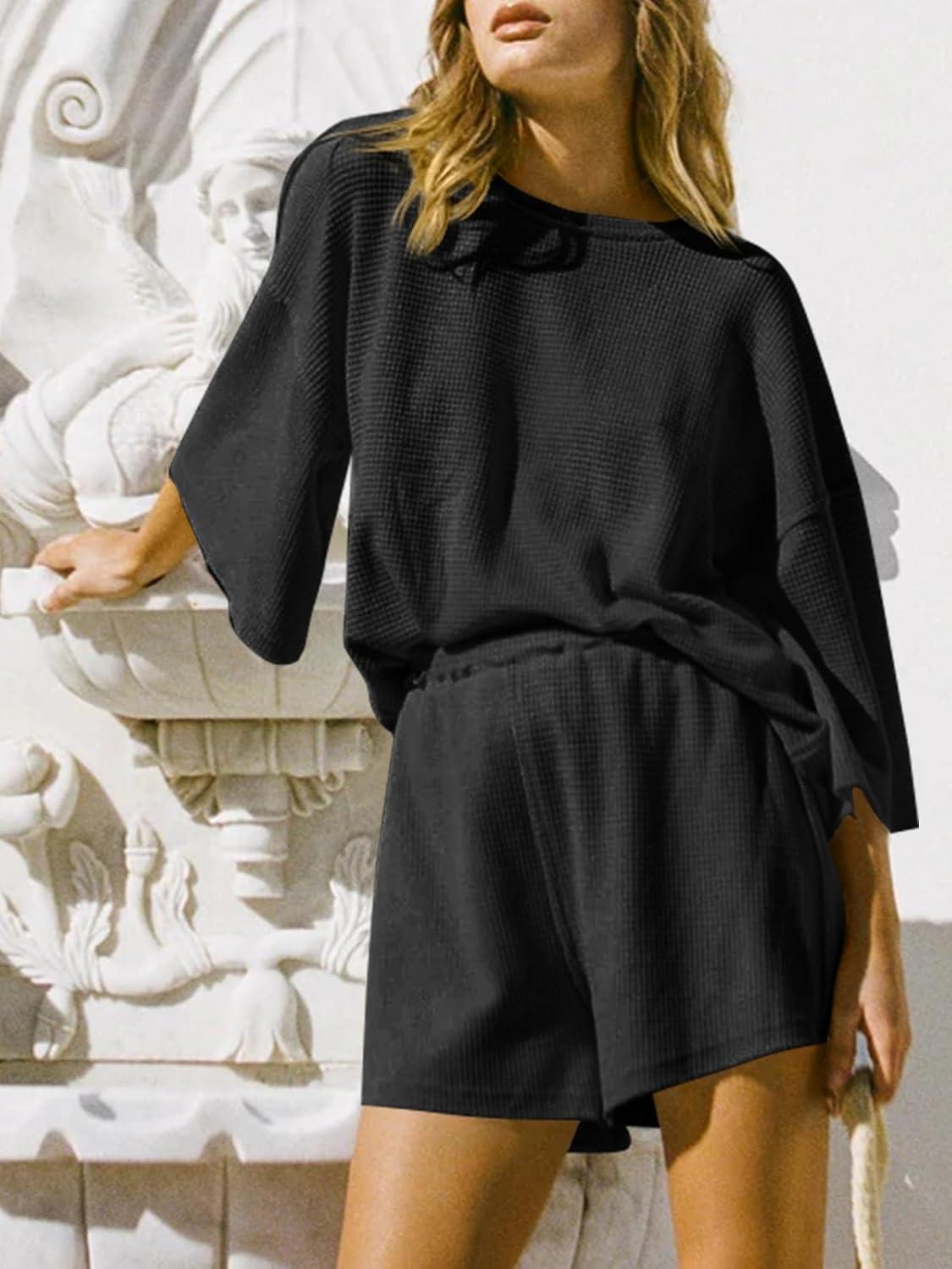 imageTankaneo Womens Short Sets 2 Piece Outfits 34 Sleeve Tops and Elastic Waist Shorts Lounge Set Casual LoungewearBlack