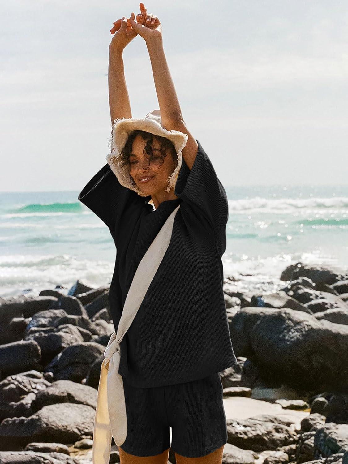 imageTankaneo Womens Short Sets 2 Piece Outfits 34 Sleeve Tops and Elastic Waist Shorts Lounge Set Casual LoungewearBlack