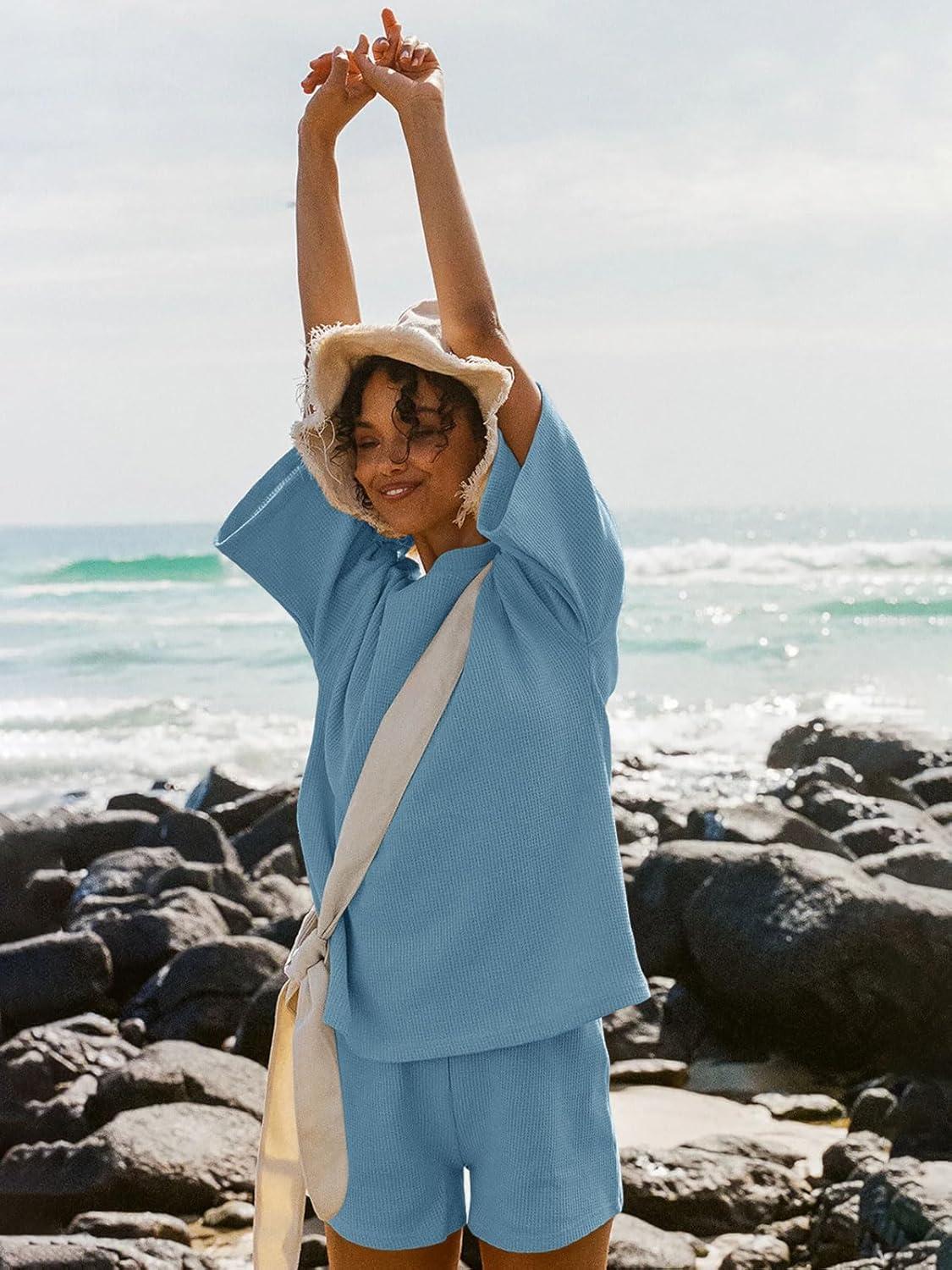 imageTankaneo Womens Short Sets 2 Piece Outfits 34 Sleeve Tops and Elastic Waist Shorts Lounge Set Casual LoungewearBlue