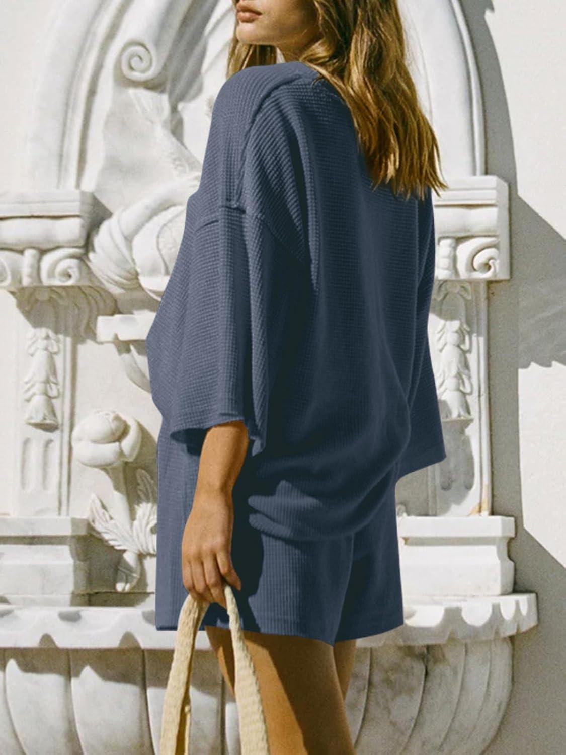 imageTankaneo Womens Short Sets 2 Piece Outfits 34 Sleeve Tops and Elastic Waist Shorts Lounge Set Casual LoungewearDark Blue