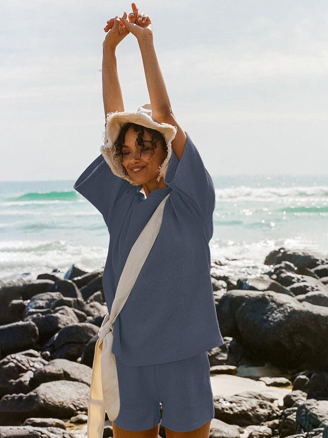 imageTankaneo Womens Short Sets 2 Piece Outfits 34 Sleeve Tops and Elastic Waist Shorts Lounge Set Casual LoungewearDark Blue