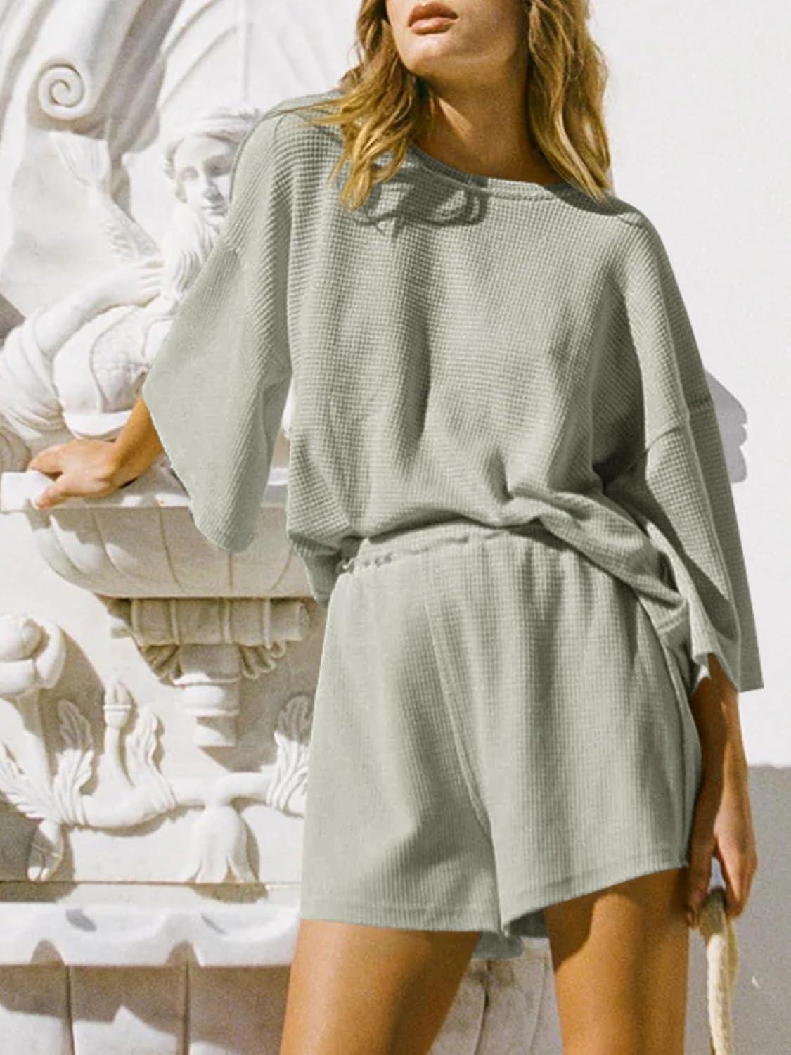 imageTankaneo Womens Short Sets 2 Piece Outfits 34 Sleeve Tops and Elastic Waist Shorts Lounge Set Casual LoungewearGrey