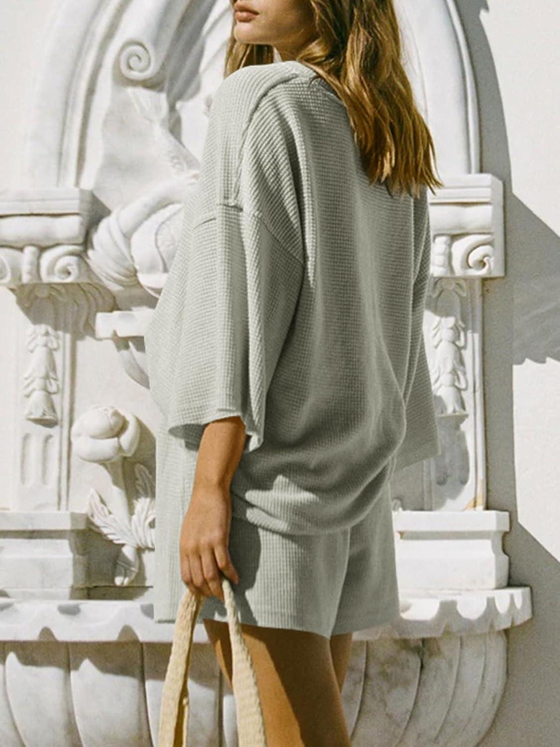 imageTankaneo Womens Short Sets 2 Piece Outfits 34 Sleeve Tops and Elastic Waist Shorts Lounge Set Casual LoungewearGrey