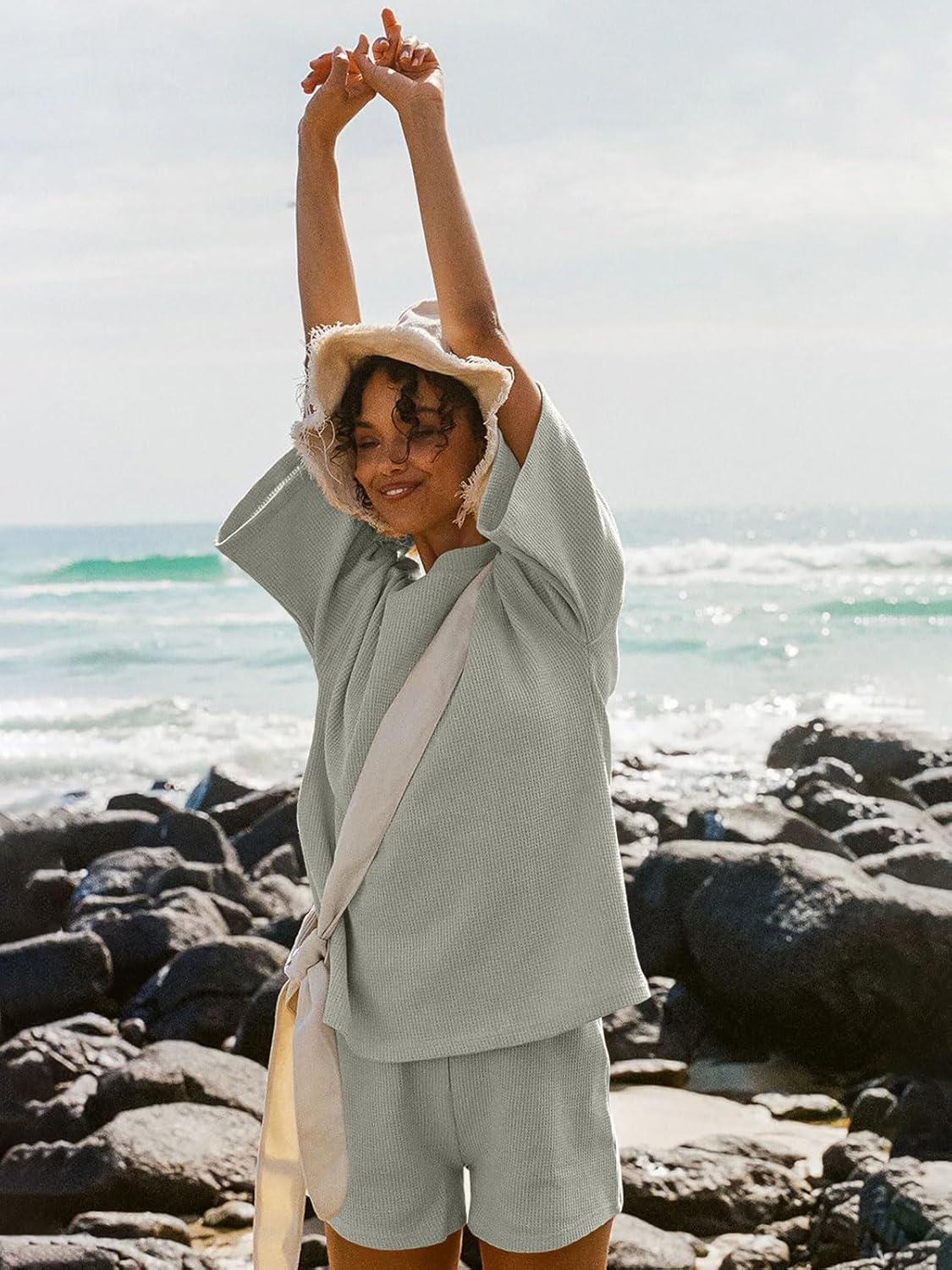 imageTankaneo Womens Short Sets 2 Piece Outfits 34 Sleeve Tops and Elastic Waist Shorts Lounge Set Casual LoungewearGrey