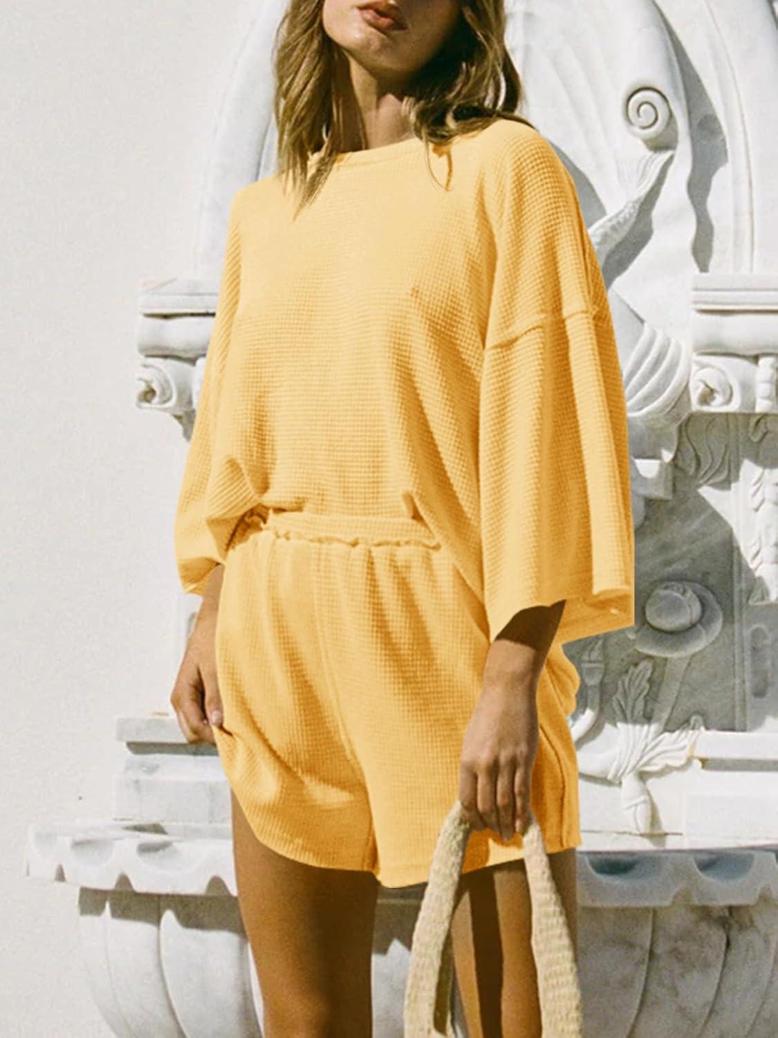 imageTankaneo Womens Short Sets 2 Piece Outfits 34 Sleeve Tops and Elastic Waist Shorts Lounge Set Casual LoungewearYellow