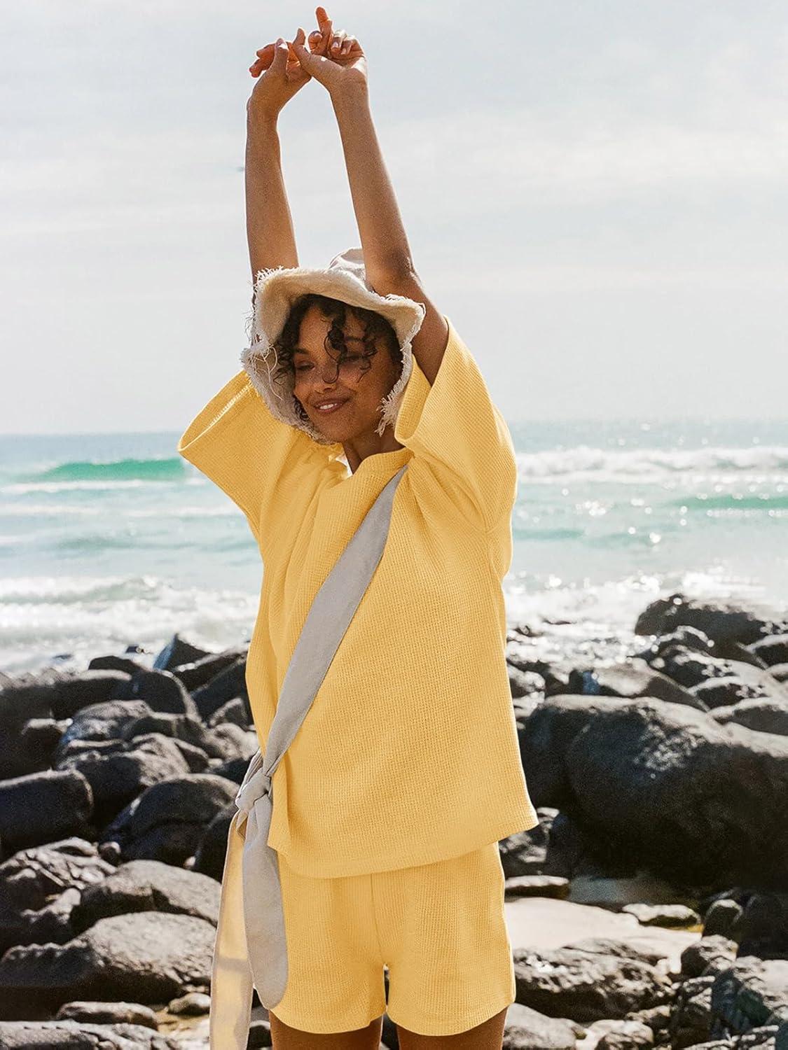 imageTankaneo Womens Short Sets 2 Piece Outfits 34 Sleeve Tops and Elastic Waist Shorts Lounge Set Casual LoungewearYellow