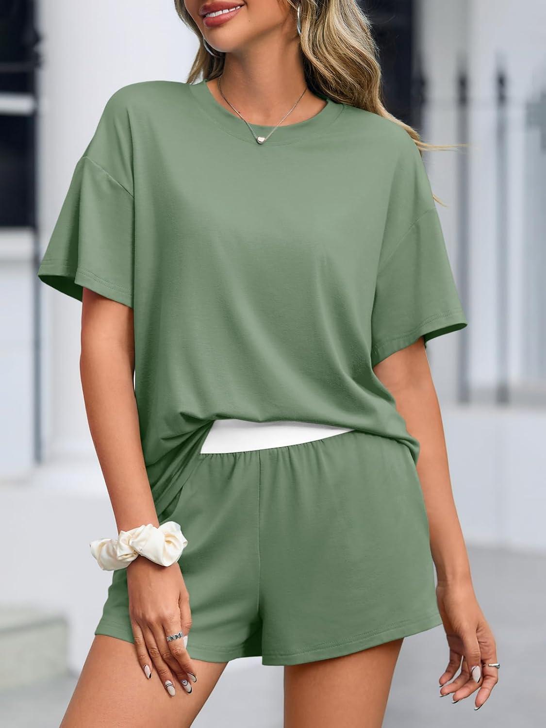 imageTankaneo Womens Short Sets 2 Piece Summer Vacation Outfits Short Sleeve Tshirts Elastic Waist Shorts Matching SetGreen