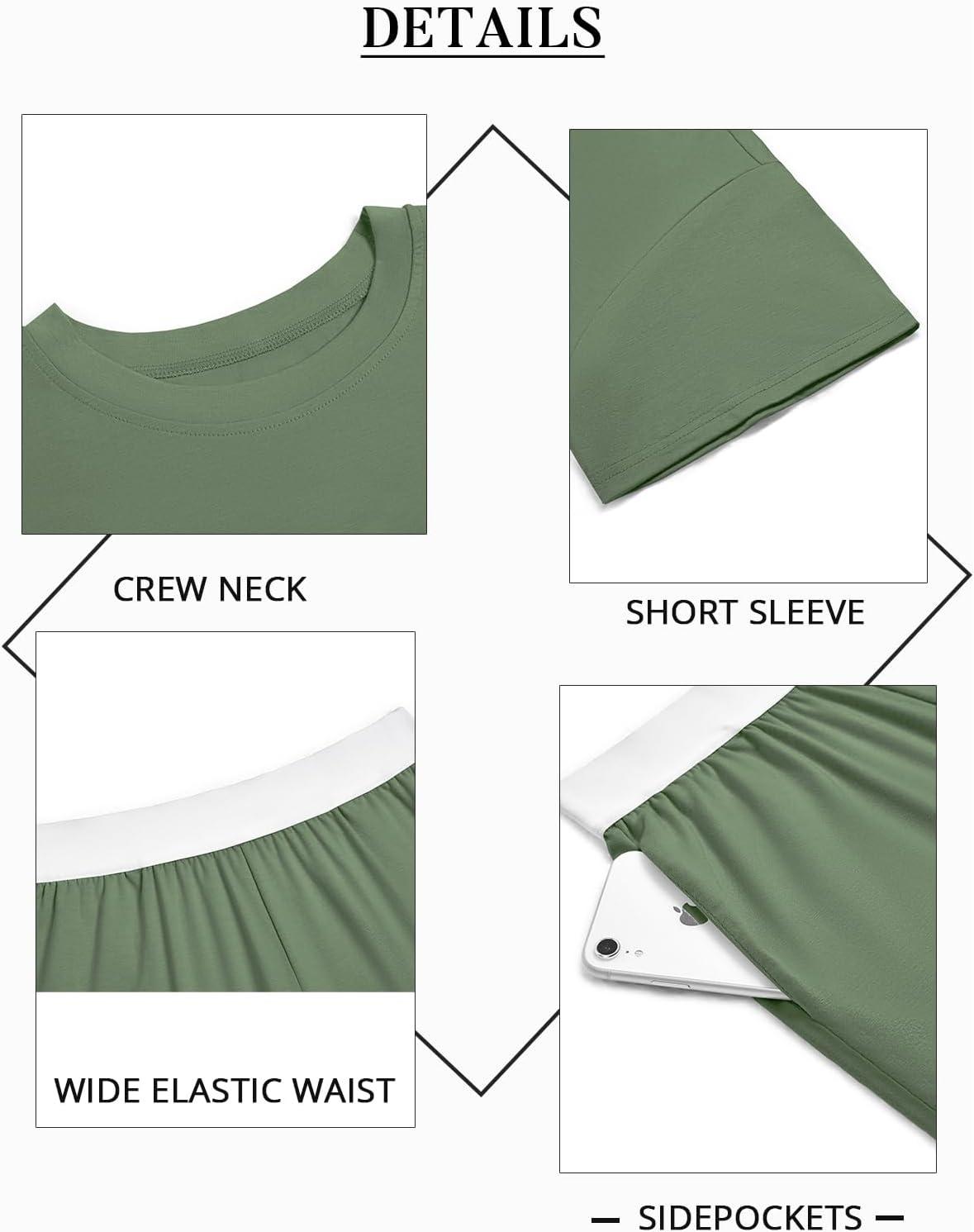 imageTankaneo Womens Short Sets 2 Piece Summer Vacation Outfits Short Sleeve Tshirts Elastic Waist Shorts Matching SetGreen