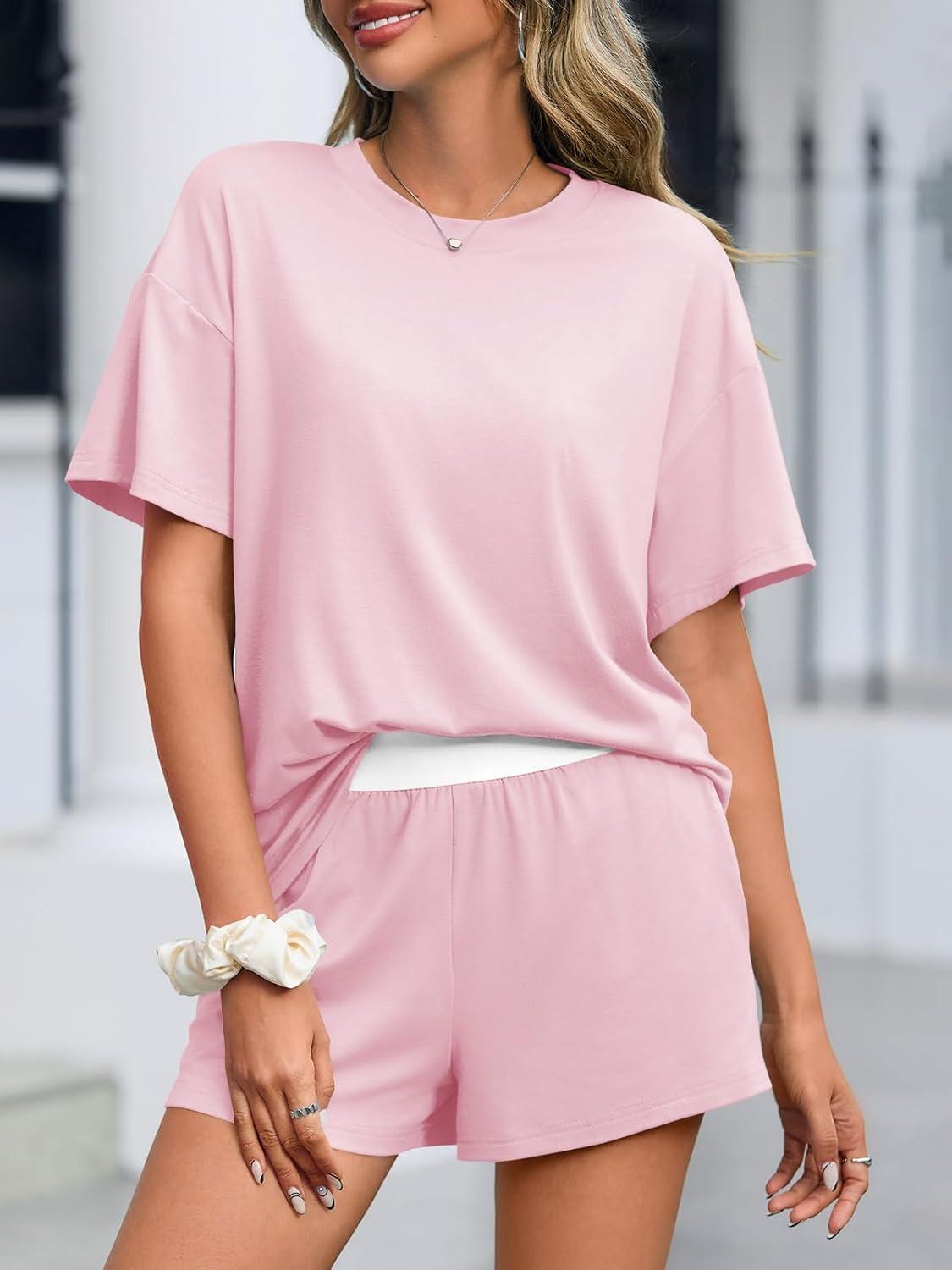 imageTankaneo Womens Short Sets 2 Piece Summer Vacation Outfits Short Sleeve Tshirts Elastic Waist Shorts Matching SetNude Pink