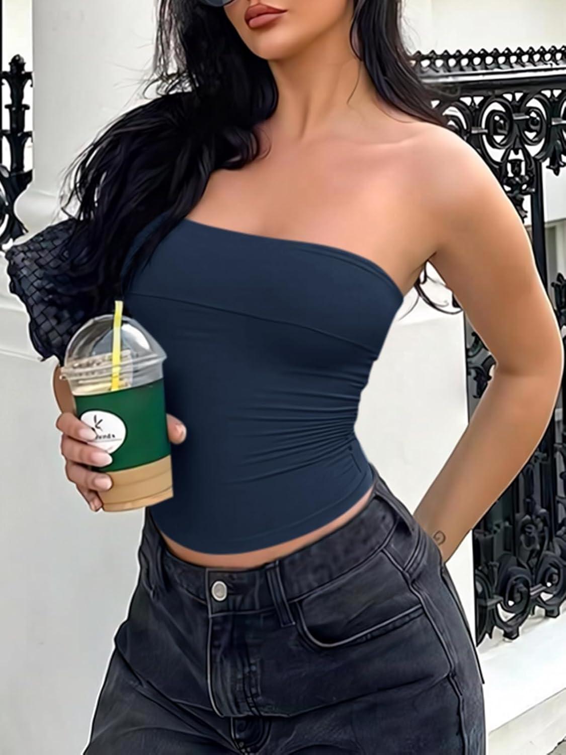 imageTankaneo Womens Strapless Tube Tops Cropped Y2K Going Out Fitted Tank Tops Summer Trendy Layered Bandeau ShirtsNavy