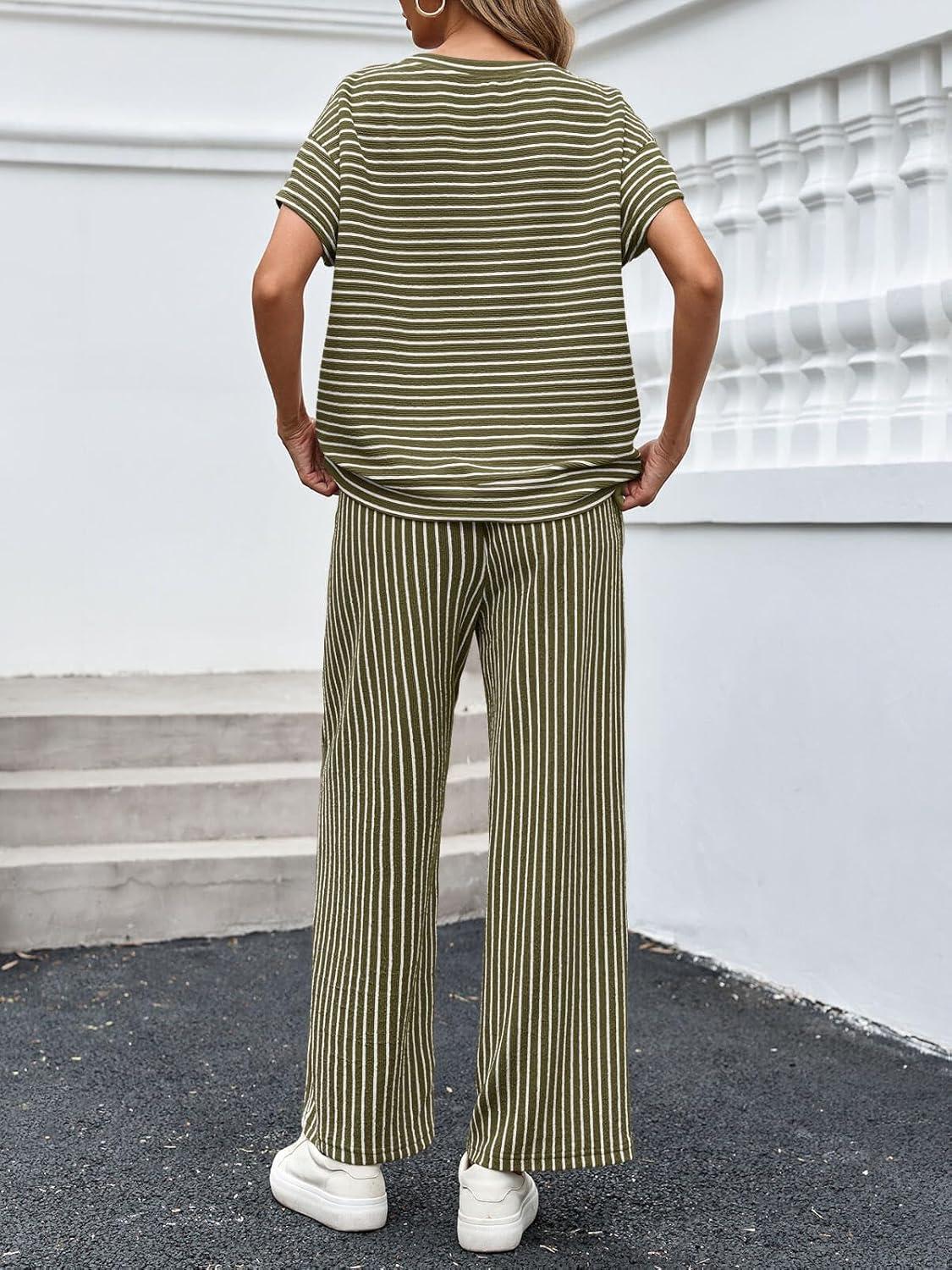 imageTankaneo Womens Striped 2 Piece Sets Short Sleeve T Shirts Wide Leg Pants Matching Lounge Set with PocketsArmy Green