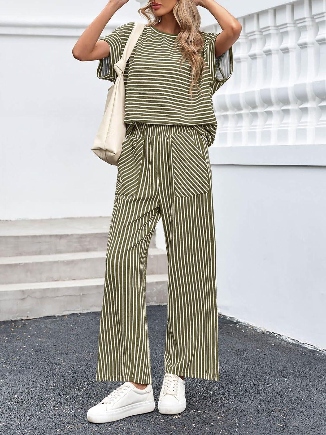 imageTankaneo Womens Striped 2 Piece Sets Short Sleeve T Shirts Wide Leg Pants Matching Lounge Set with PocketsArmy Green