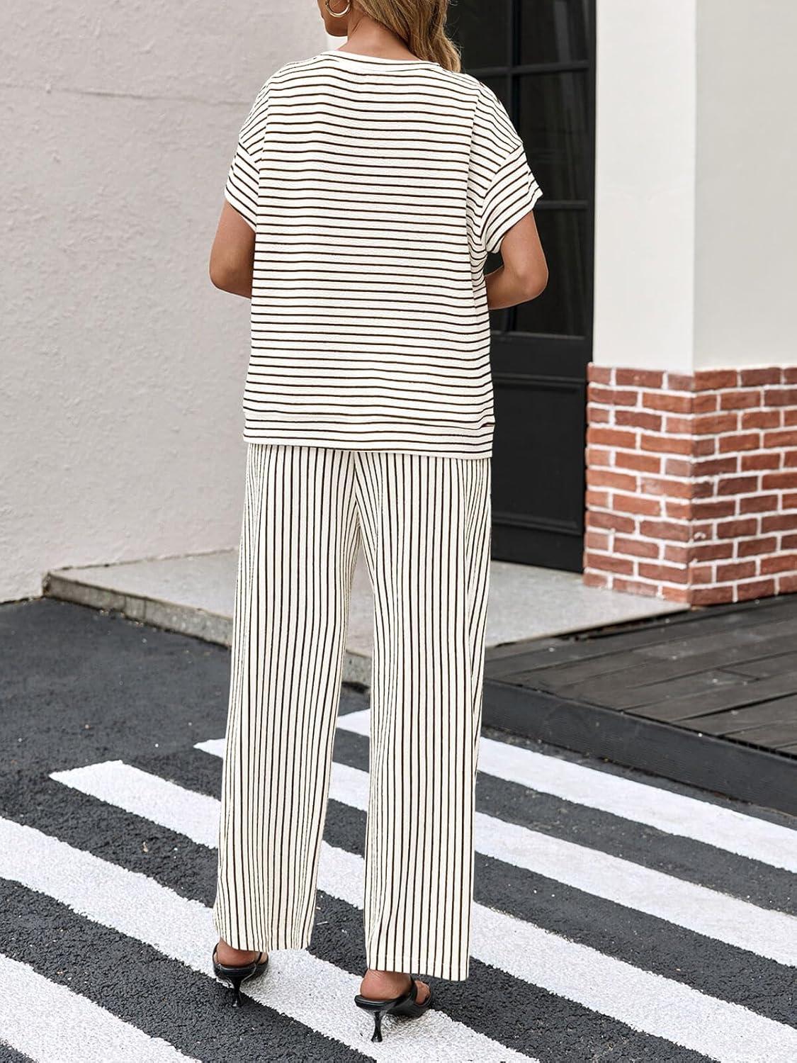 imageTankaneo Womens Striped 2 Piece Sets Short Sleeve T Shirts Wide Leg Pants Matching Lounge Set with PocketsBeige