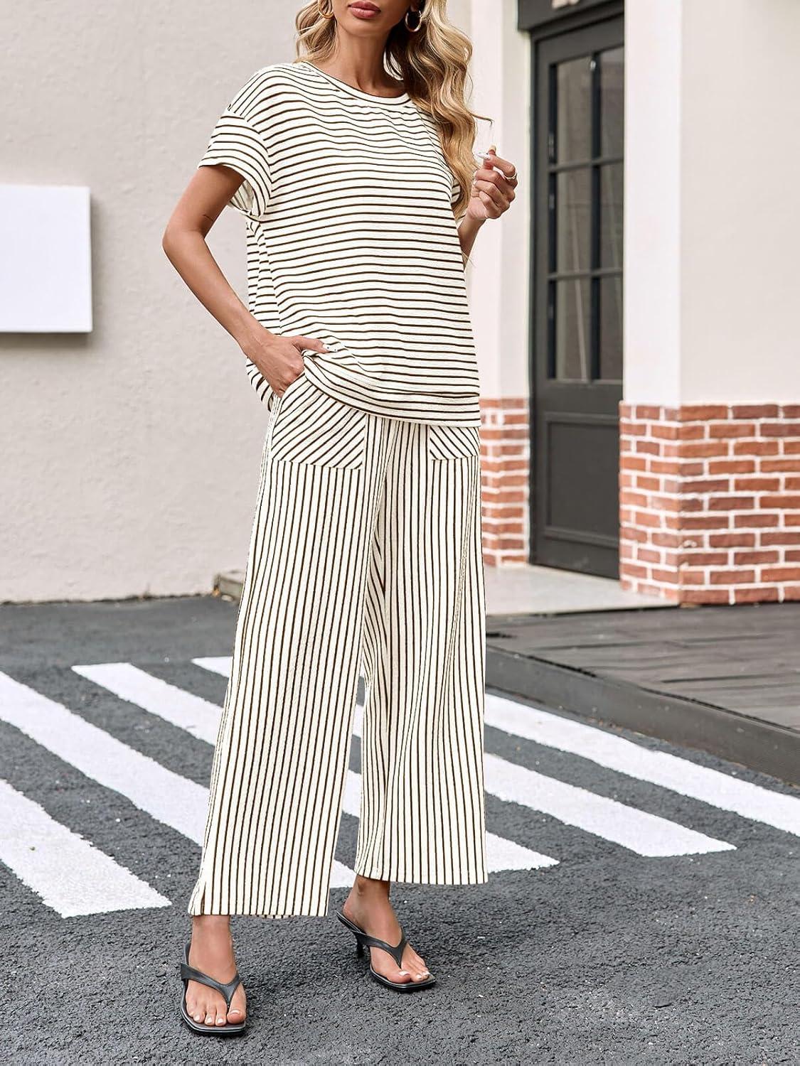 imageTankaneo Womens Striped 2 Piece Sets Short Sleeve T Shirts Wide Leg Pants Matching Lounge Set with PocketsBeige