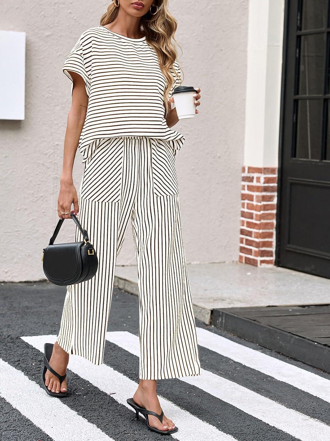 imageTankaneo Womens Striped 2 Piece Sets Short Sleeve T Shirts Wide Leg Pants Matching Lounge Set with PocketsBeige