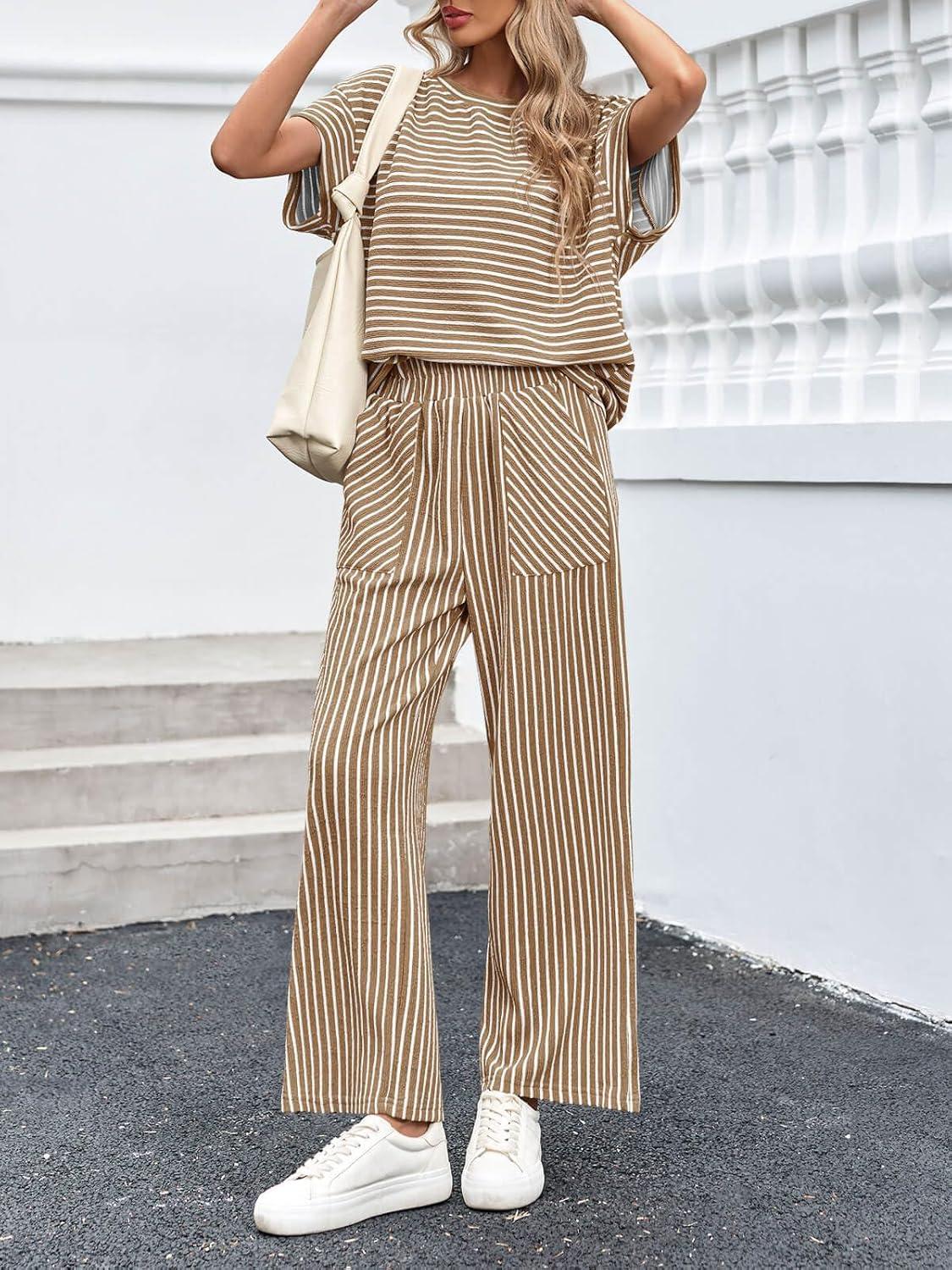 imageTankaneo Womens Striped 2 Piece Sets Short Sleeve T Shirts Wide Leg Pants Matching Lounge Set with PocketsBrown