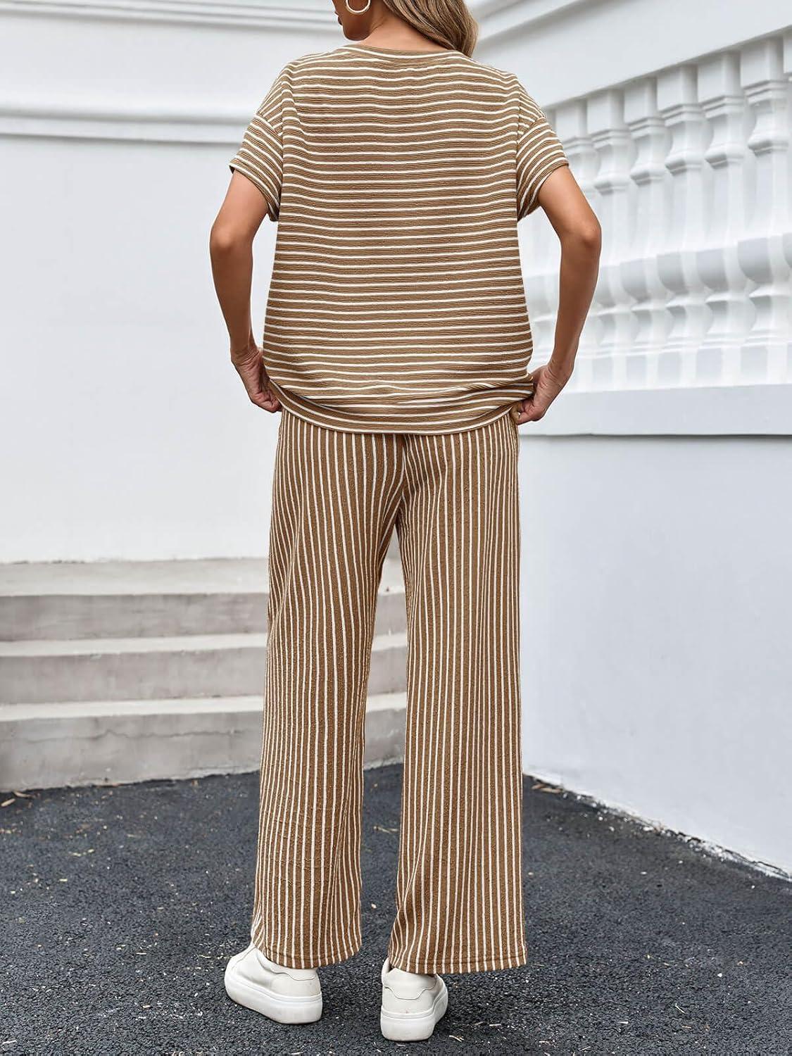 imageTankaneo Womens Striped 2 Piece Sets Short Sleeve T Shirts Wide Leg Pants Matching Lounge Set with PocketsBrown