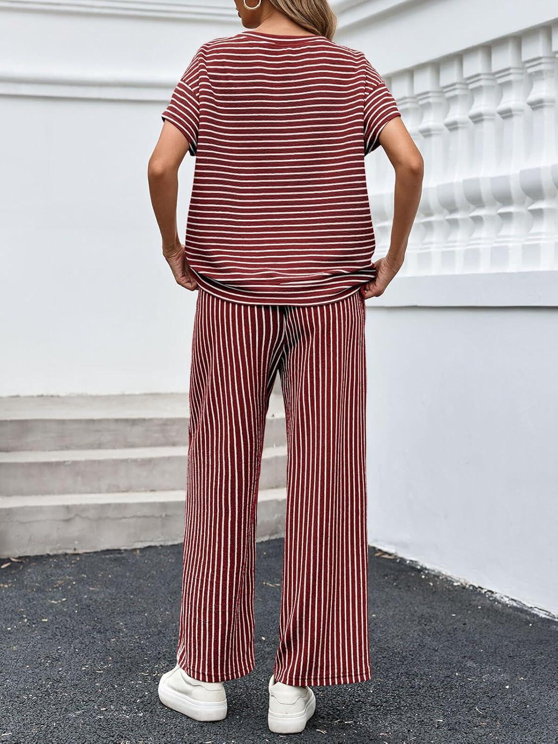 imageTankaneo Womens Striped 2 Piece Sets Short Sleeve T Shirts Wide Leg Pants Matching Lounge Set with PocketsBurgundy