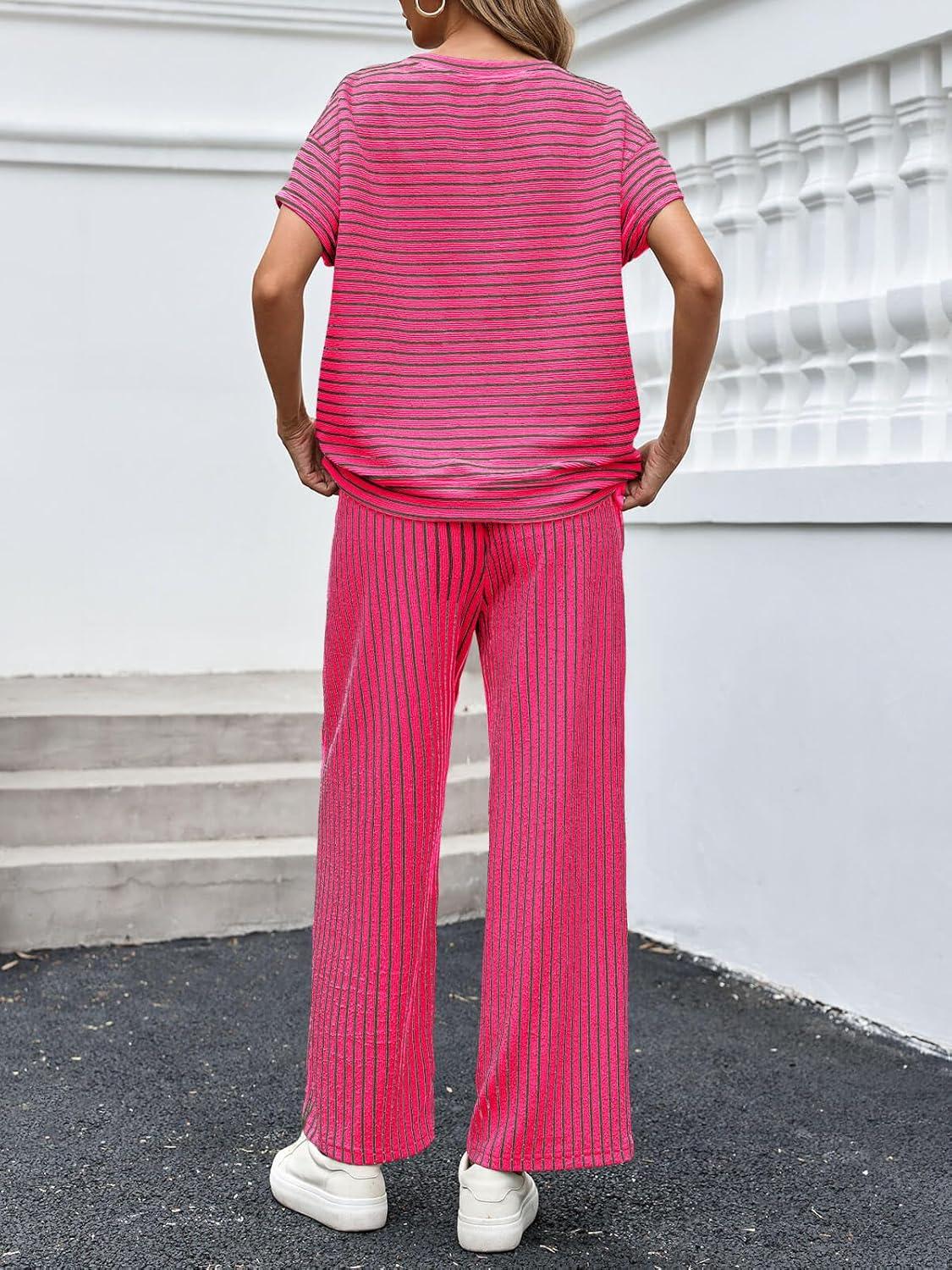 imageTankaneo Womens Striped 2 Piece Sets Short Sleeve T Shirts Wide Leg Pants Matching Lounge Set with PocketsHot Pink