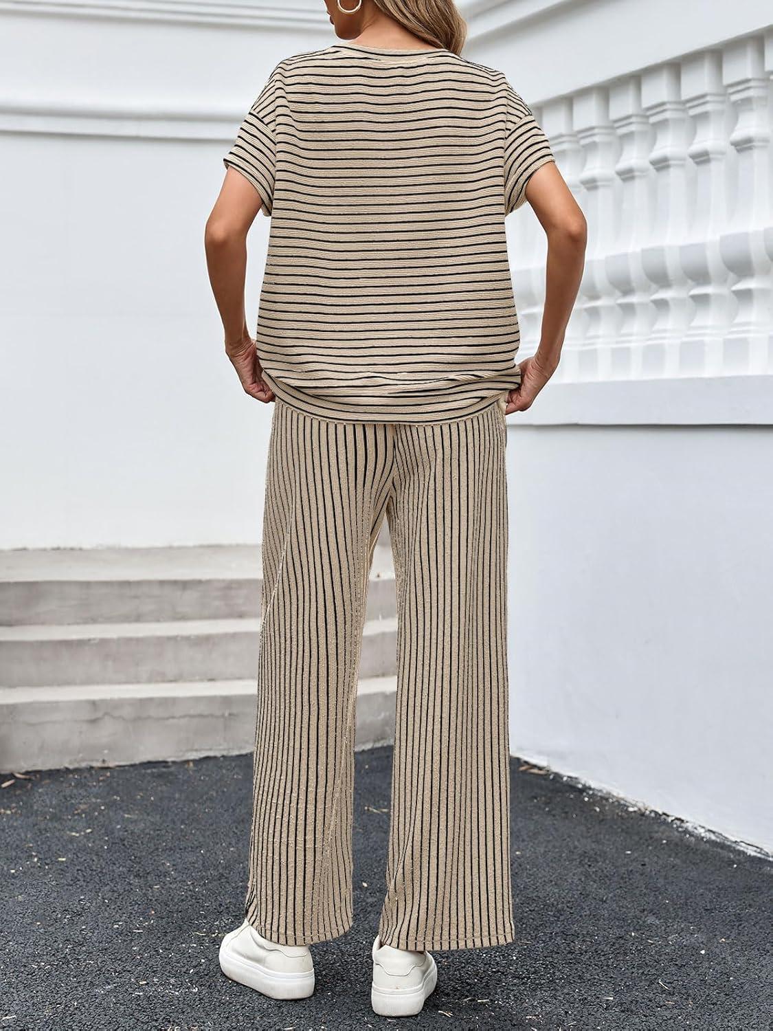 imageTankaneo Womens Striped 2 Piece Sets Short Sleeve T Shirts Wide Leg Pants Matching Lounge Set with PocketsPink