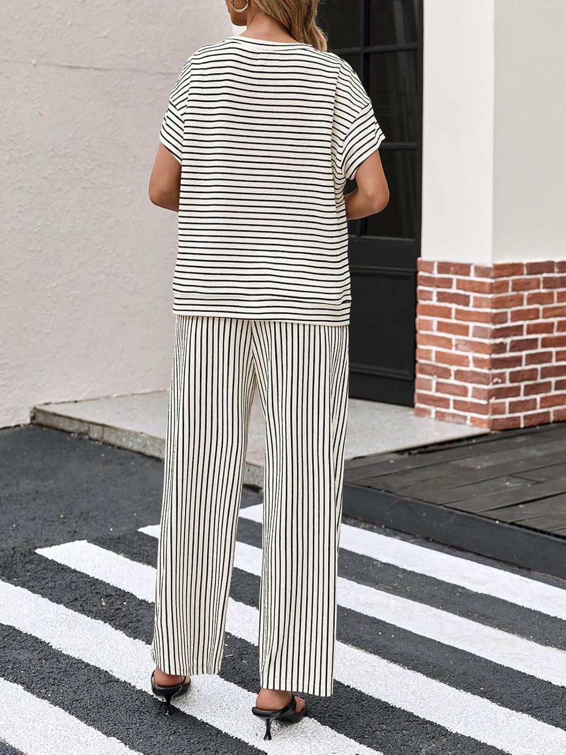 imageTankaneo Womens Striped 2 Piece Sets Short Sleeve T Shirts Wide Leg Pants Matching Lounge Set with PocketsWhite