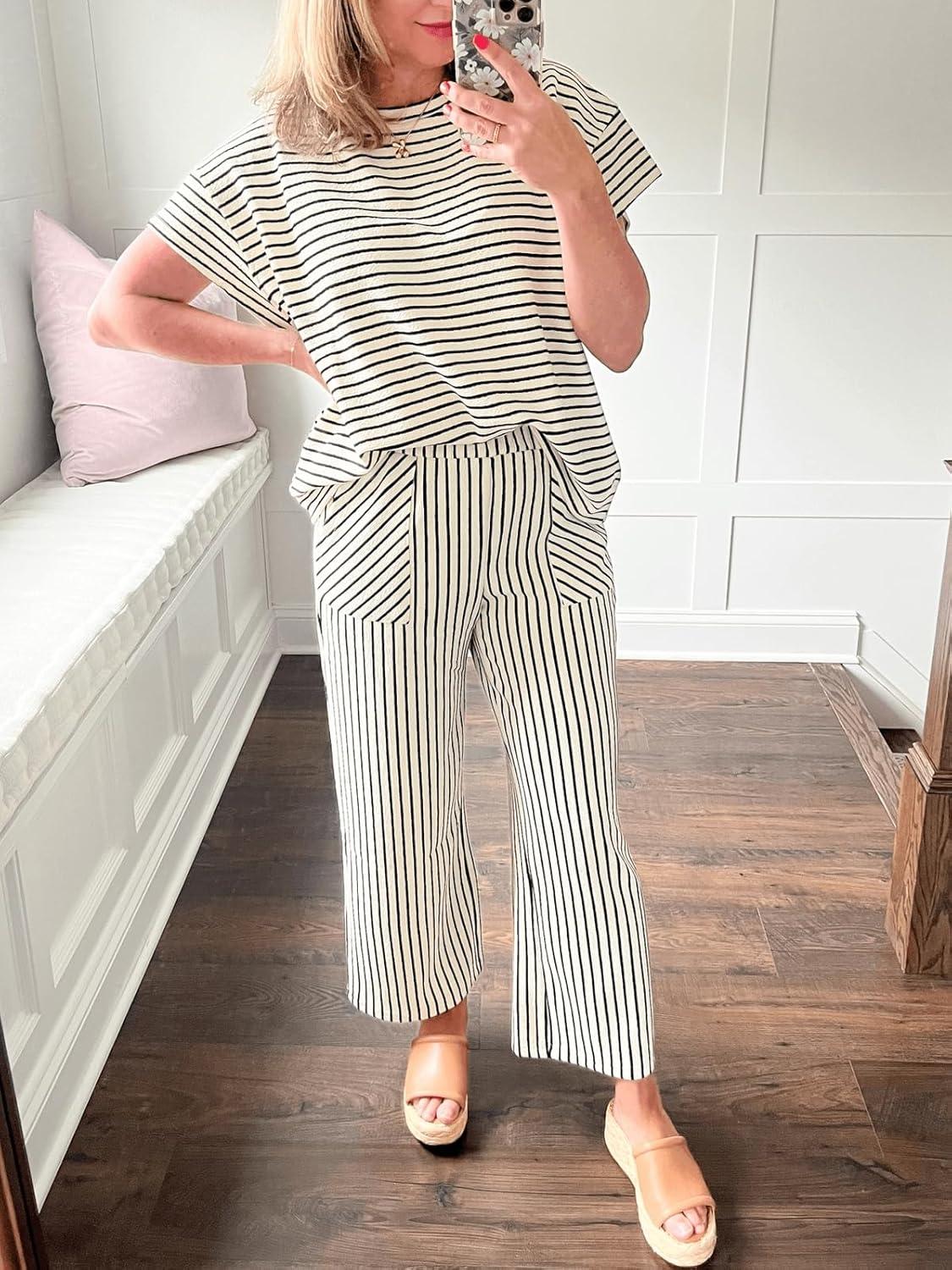 imageTankaneo Womens Striped 2 Piece Sets Short Sleeve T Shirts Wide Leg Pants Matching Lounge Set with PocketsWhite