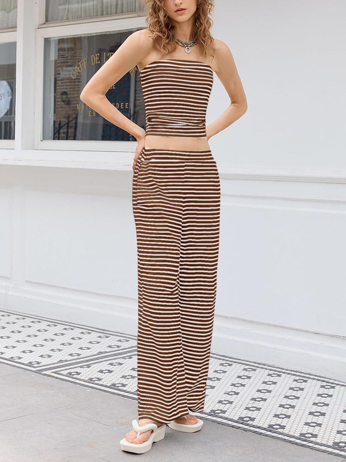 imageTankaneo Womens Striped 2 Piece Sets Summer Strapless Crop Tube Tops Wide Leg Pants Matching Lounge Set Vacation OutfitsBrown