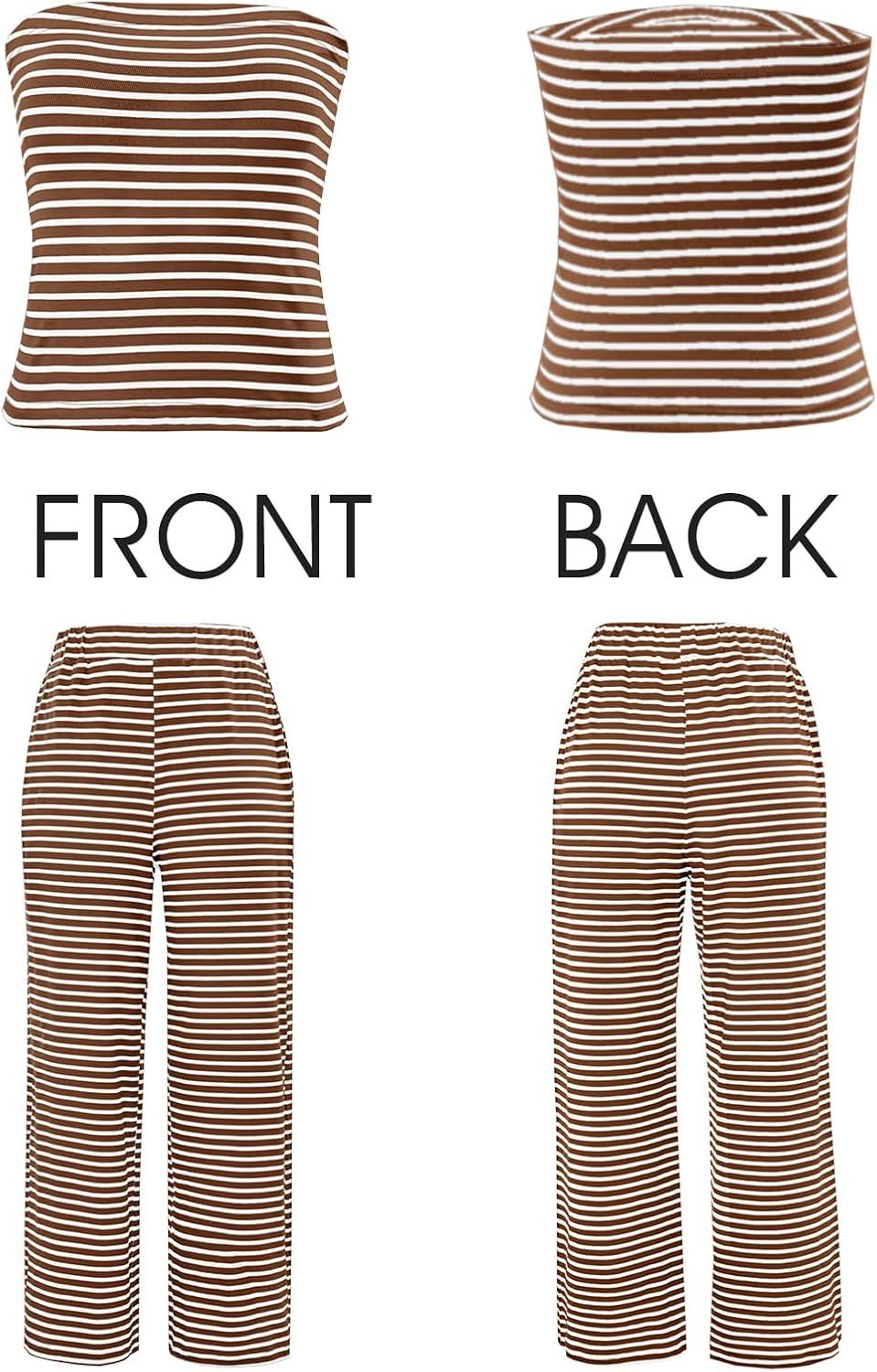 imageTankaneo Womens Striped 2 Piece Sets Summer Strapless Crop Tube Tops Wide Leg Pants Matching Lounge Set Vacation OutfitsBrown
