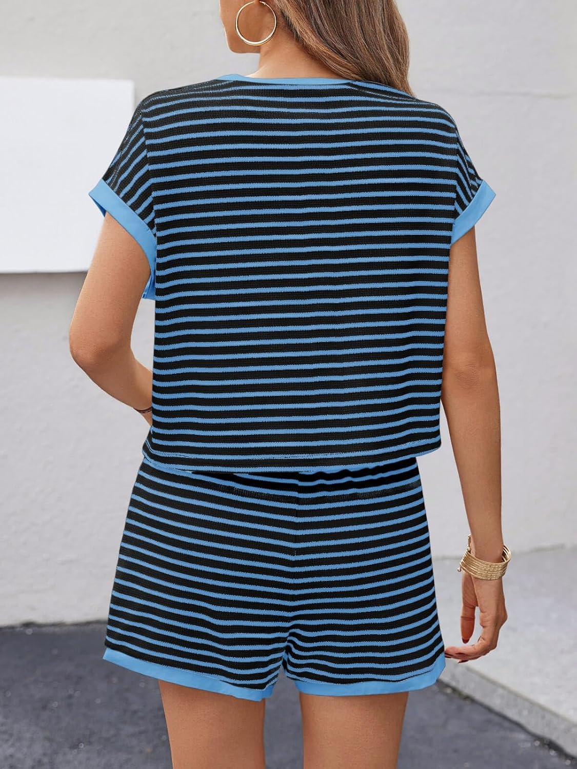 imageTankaneo Womens Summer 2 Piece Sets Striped Short Sleeve T Shirts and Shorts Loungewear Matching SetBlack Blue
