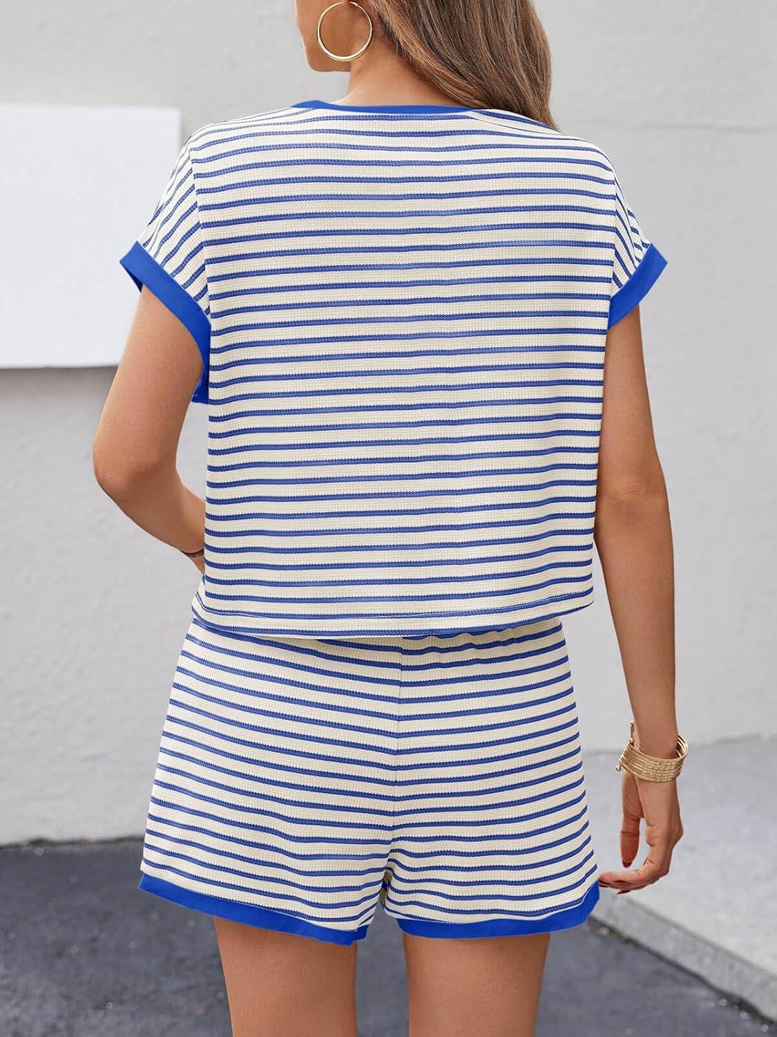 imageTankaneo Womens Summer 2 Piece Sets Striped Short Sleeve T Shirts and Shorts Loungewear Matching SetBlue