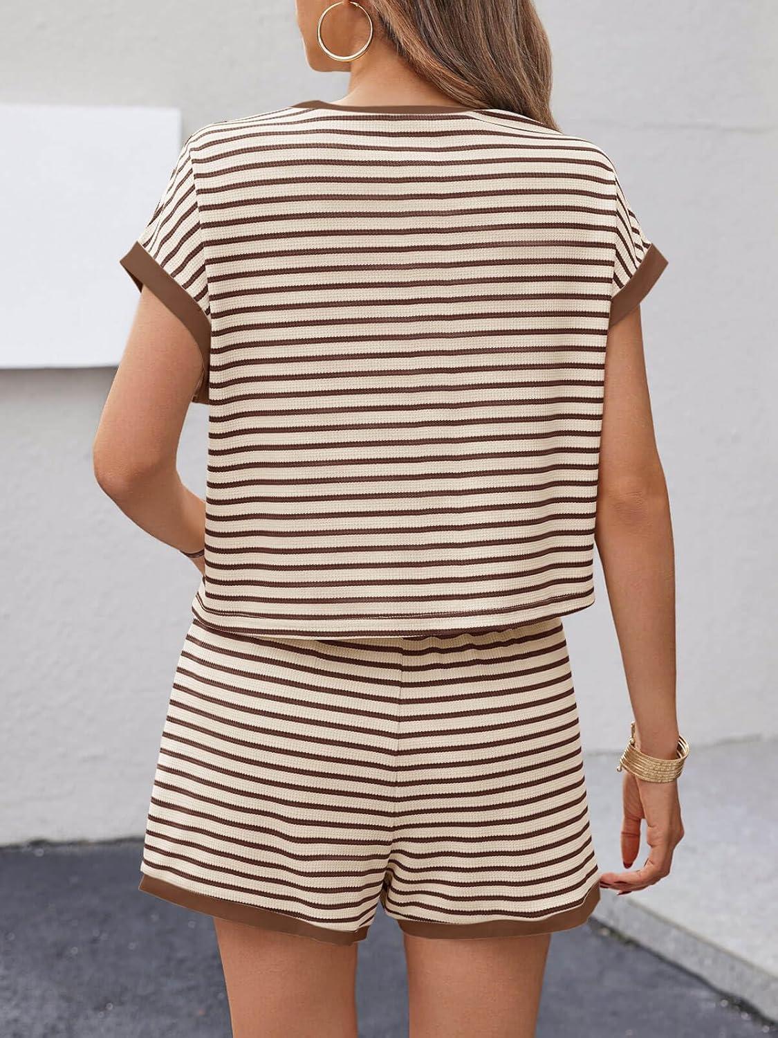 imageTankaneo Womens Summer 2 Piece Sets Striped Short Sleeve T Shirts and Shorts Loungewear Matching SetBrown