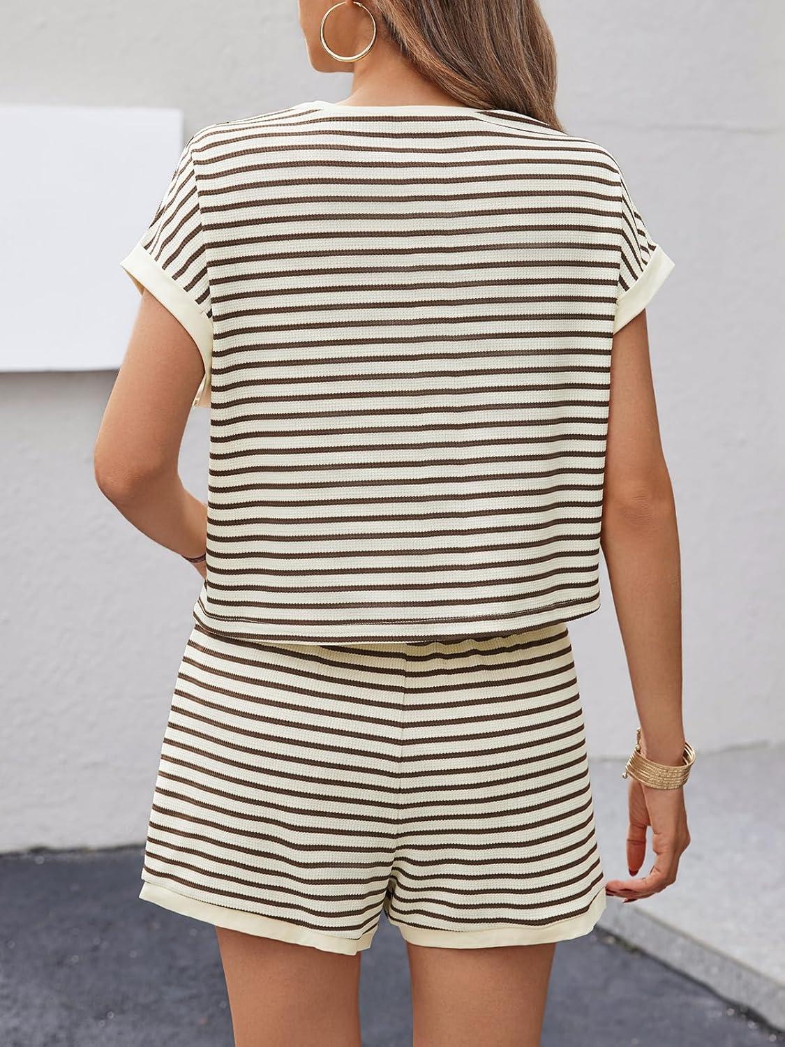 imageTankaneo Womens Summer 2 Piece Sets Striped Short Sleeve T Shirts and Shorts Loungewear Matching SetCoffee