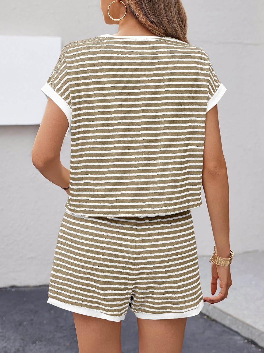 imageTankaneo Womens Summer 2 Piece Sets Striped Short Sleeve T Shirts and Shorts Loungewear Matching SetDark Brown