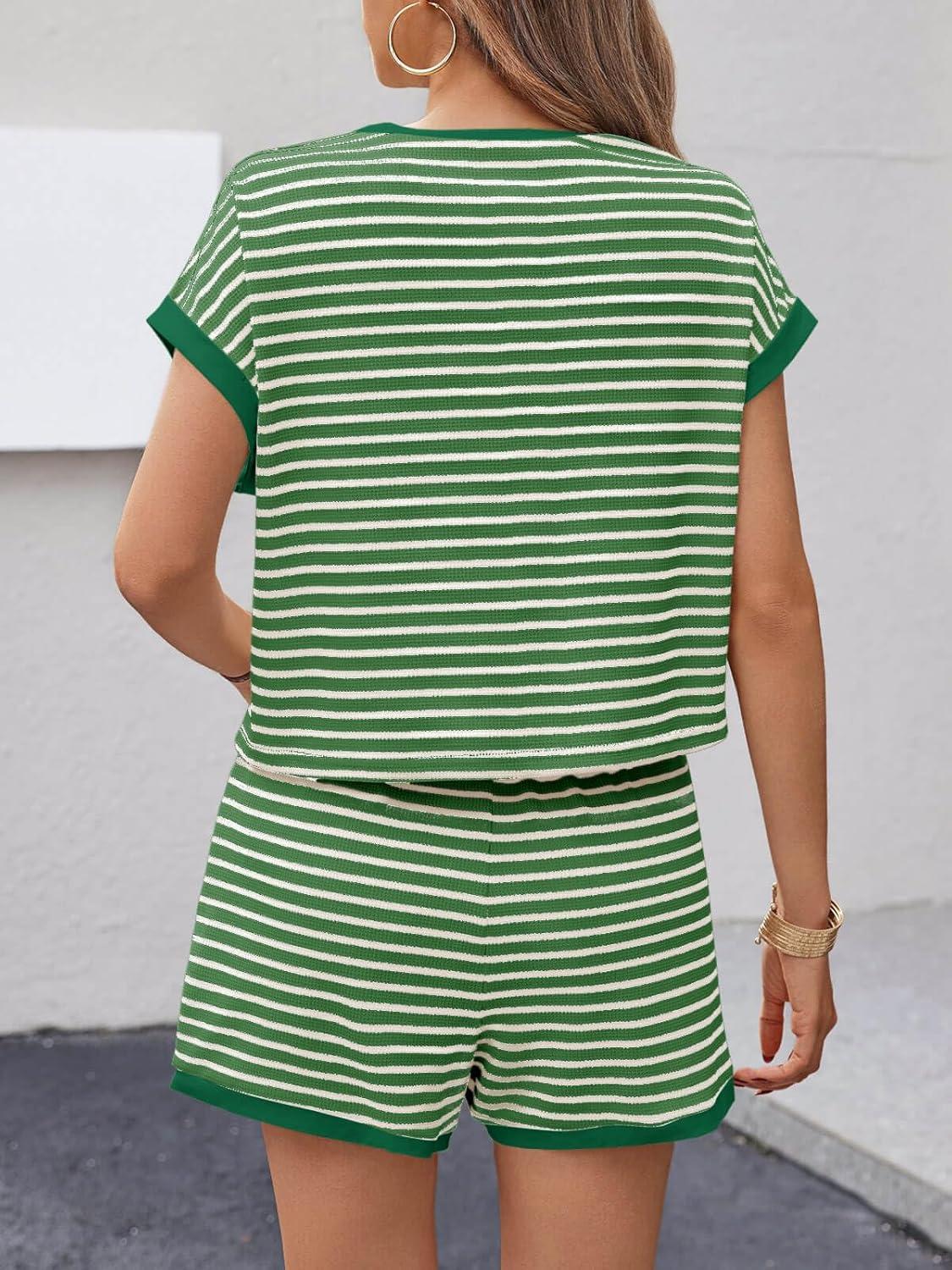 imageTankaneo Womens Summer 2 Piece Sets Striped Short Sleeve T Shirts and Shorts Loungewear Matching SetDark Green