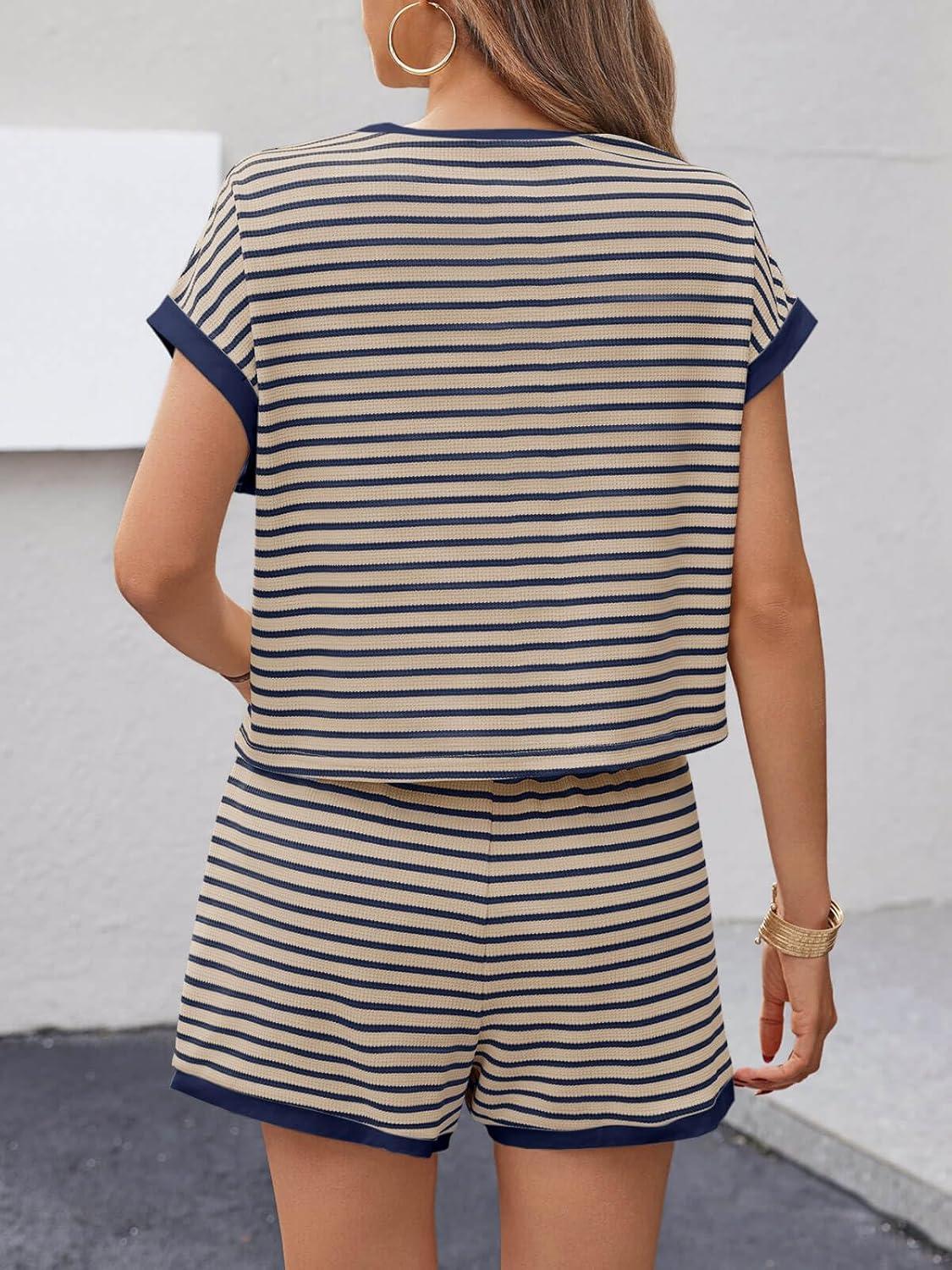 imageTankaneo Womens Summer 2 Piece Sets Striped Short Sleeve T Shirts and Shorts Loungewear Matching SetKhaki