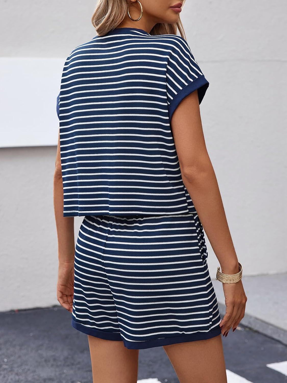 imageTankaneo Womens Summer 2 Piece Sets Striped Short Sleeve T Shirts and Shorts Loungewear Matching SetNavy