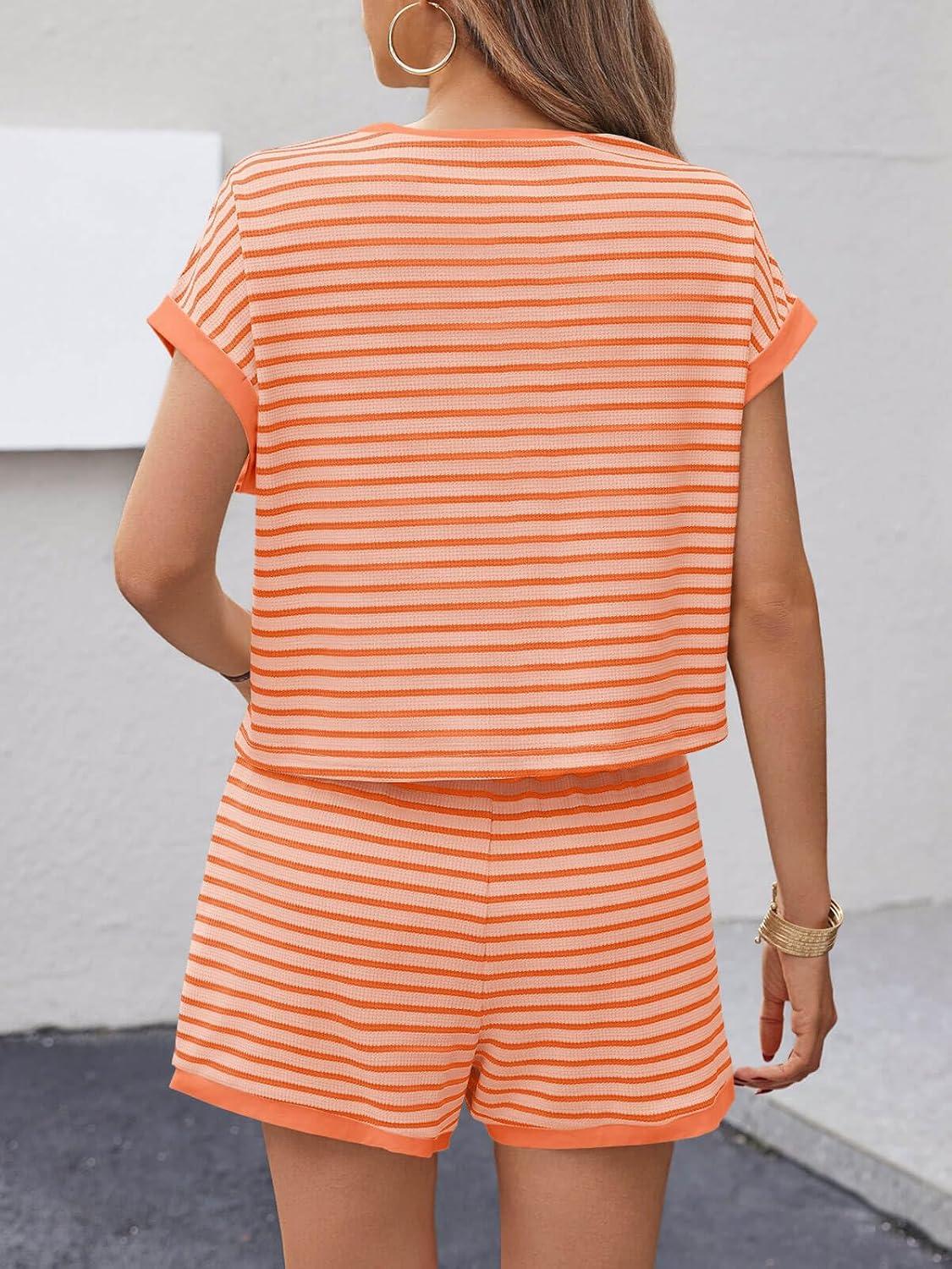 imageTankaneo Womens Summer 2 Piece Sets Striped Short Sleeve T Shirts and Shorts Loungewear Matching SetOrange