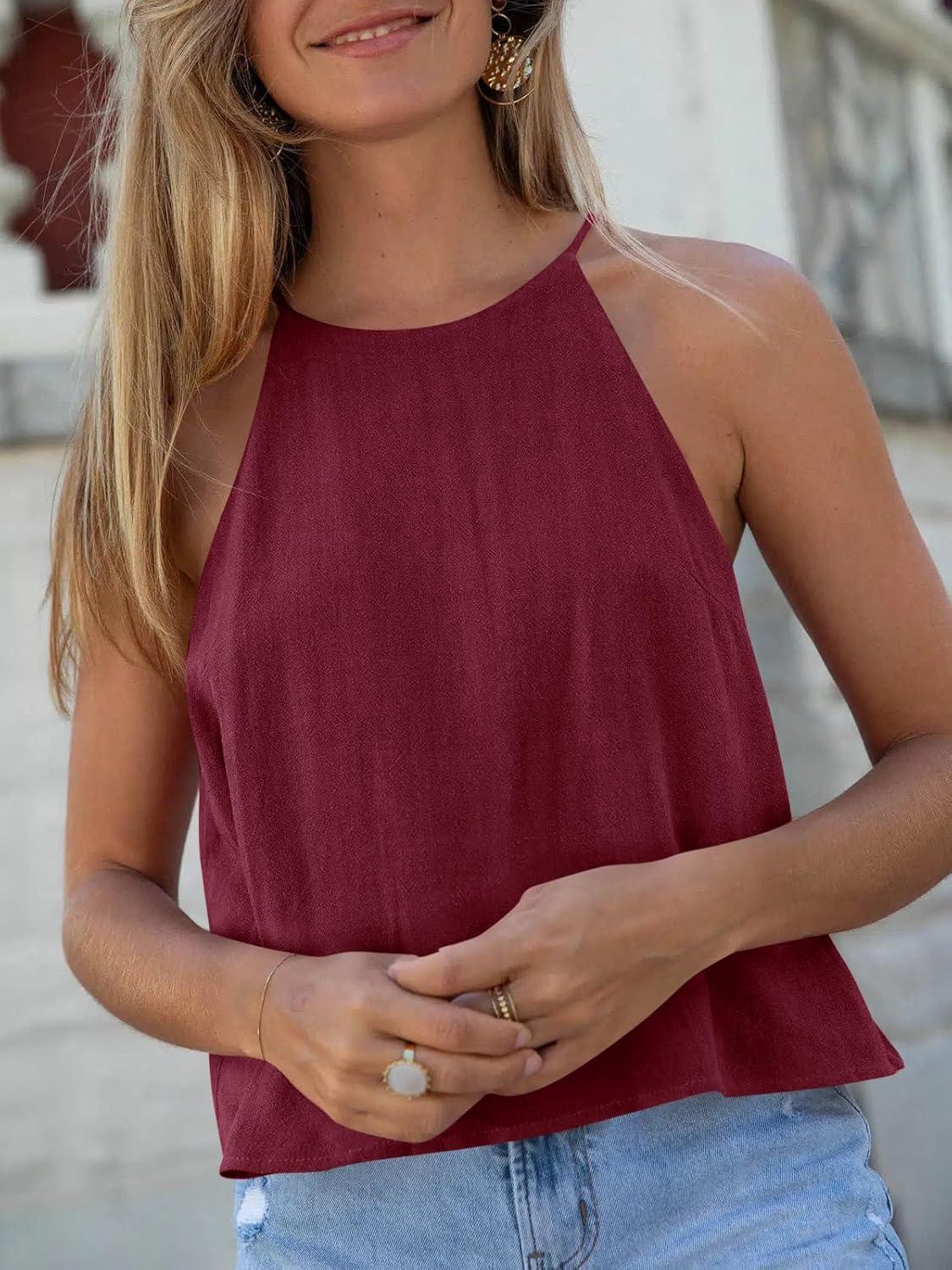 imageTankaneo Womens Summer Halter Crop Tank Tops Y2k Going Out Sleeveless Tee Shirts Open Back Beach CamisoleBurgundy