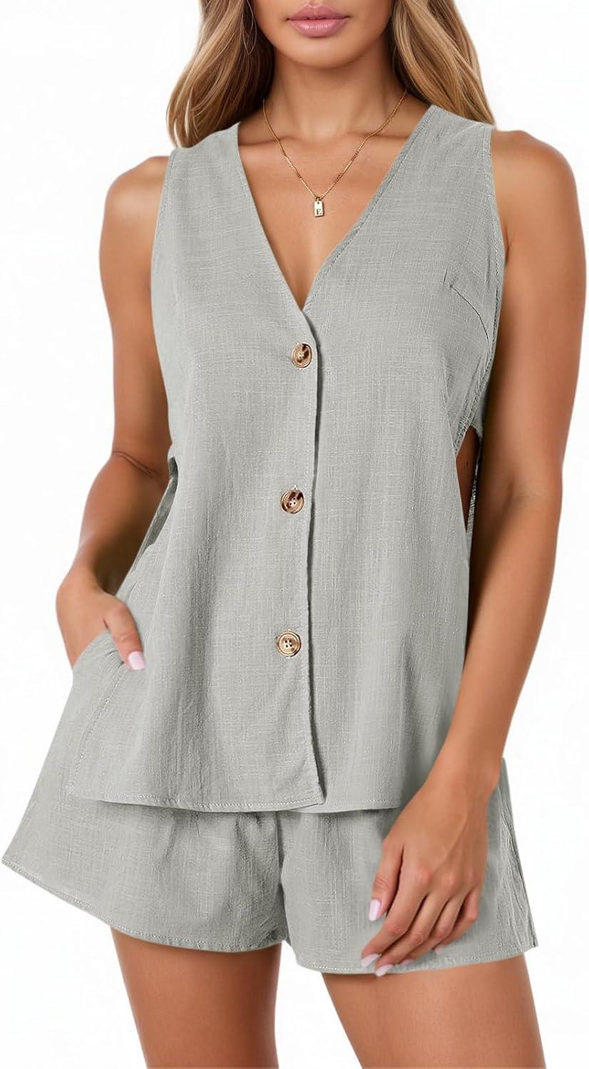 imageTankaneo Womens Summer Vacation Outfits Beach Travel Cruise Resort Wear 2 Piece Short Sets Casual Tank Tops and ShortsGrey