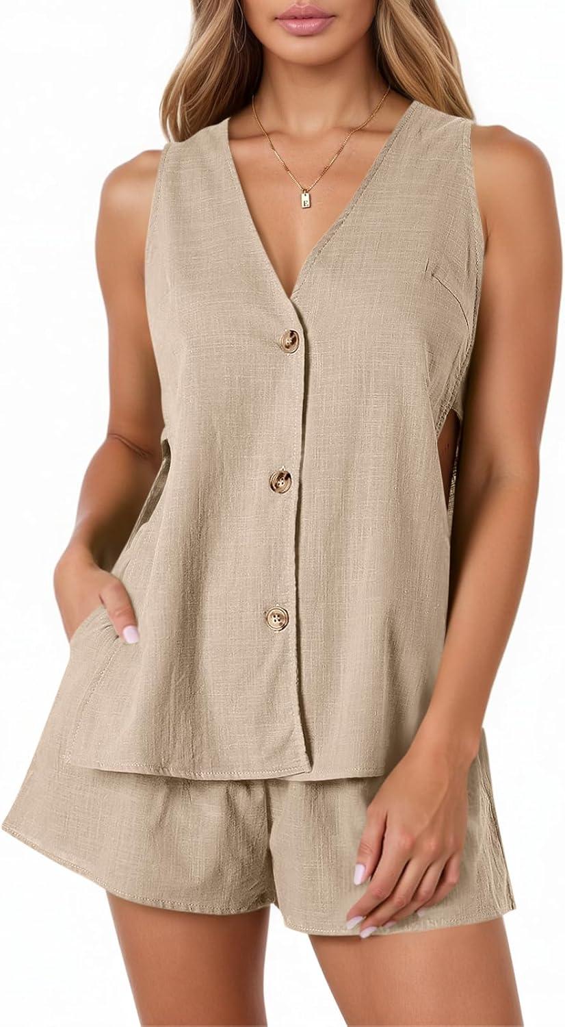 imageTankaneo Womens Summer Vacation Outfits Beach Travel Cruise Resort Wear 2 Piece Short Sets Casual Tank Tops and ShortsKhaki