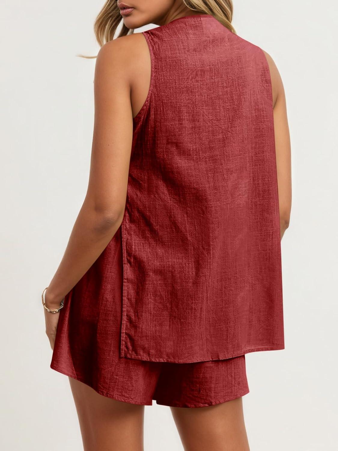 imageTankaneo Womens Summer Vacation Outfits Beach Travel Cruise Resort Wear 2 Piece Short Sets Casual Tank Tops and ShortsRed