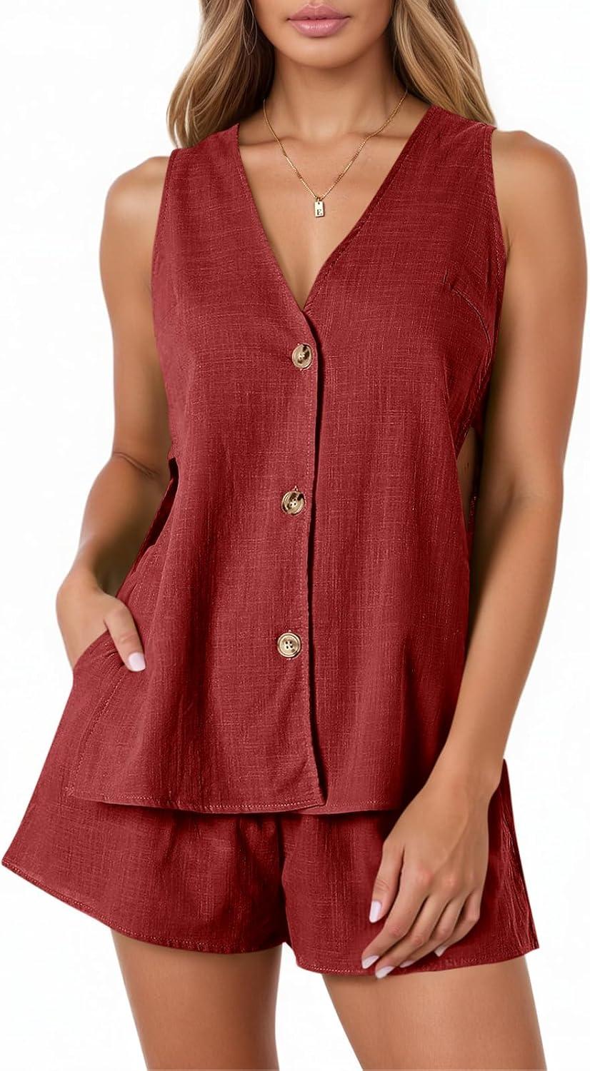 imageTankaneo Womens Summer Vacation Outfits Beach Travel Cruise Resort Wear 2 Piece Short Sets Casual Tank Tops and ShortsRed