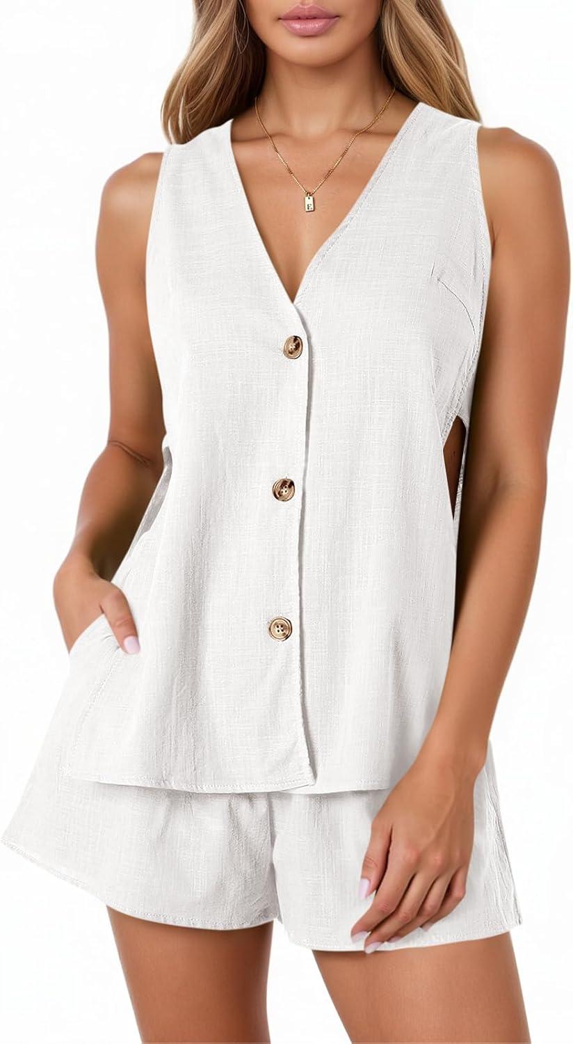 imageTankaneo Womens Summer Vacation Outfits Beach Travel Cruise Resort Wear 2 Piece Short Sets Casual Tank Tops and ShortsWhite