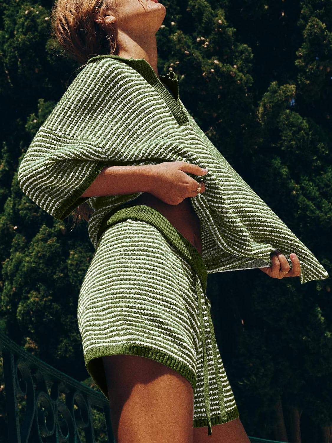 imageTankaneo Womens Sweater Set 2 Piece Outfits Oversized 34 Sleeve V Neck Knit Tops High Waisted Shorts Lounge SetsArmy Greenwhite