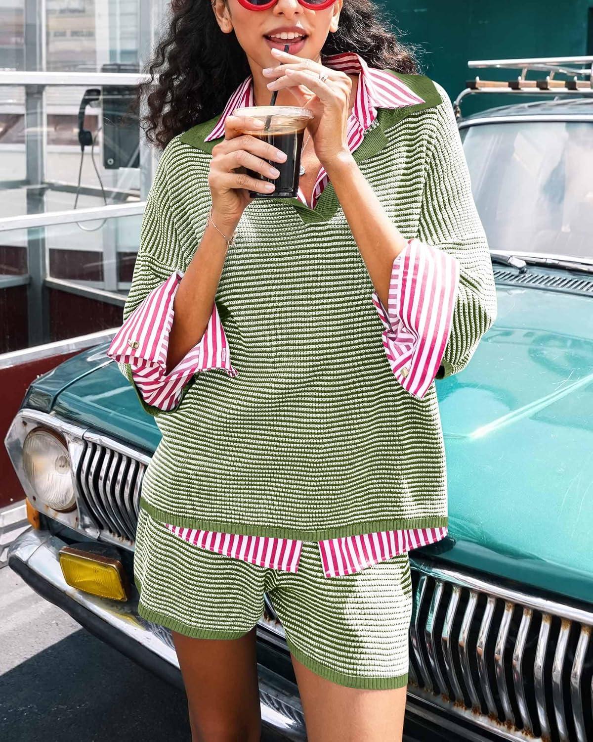 imageTankaneo Womens Sweater Set 2 Piece Outfits Oversized 34 Sleeve V Neck Knit Tops High Waisted Shorts Lounge SetsArmy Greenwhite