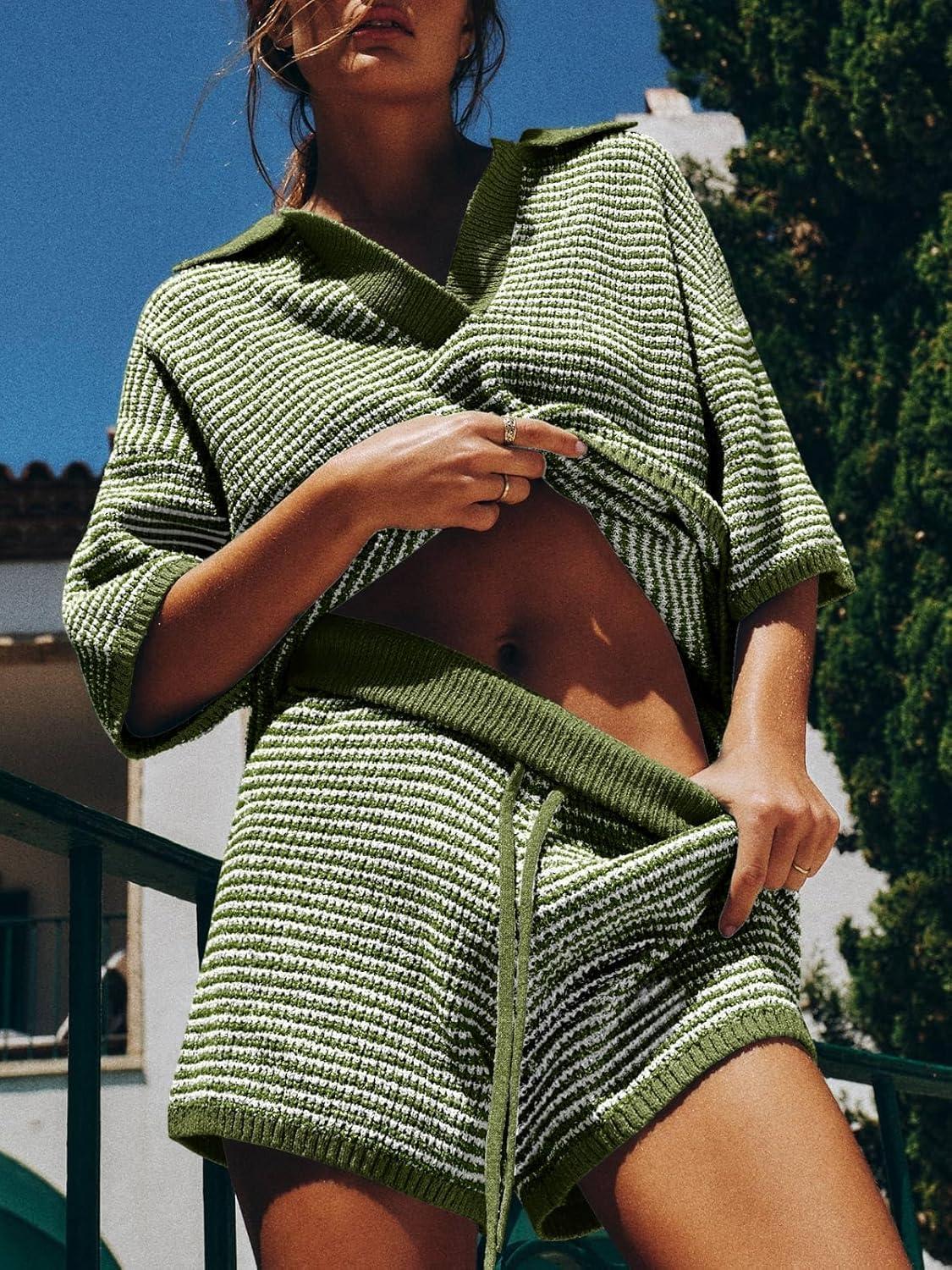 imageTankaneo Womens Sweater Set 2 Piece Outfits Oversized 34 Sleeve V Neck Knit Tops High Waisted Shorts Lounge SetsArmy Greenwhite