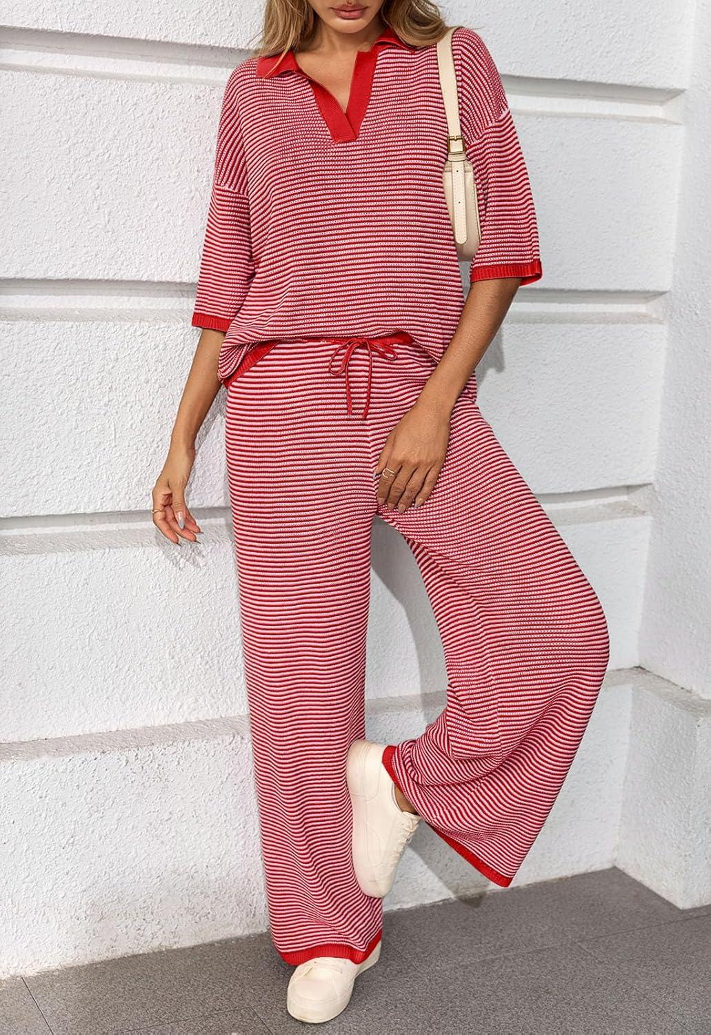 imageTankaneo Womens Sweater Set Striped 2 Piece Outfits Oversized 34 Sleeve V Neck Knit Tops Wide Leg Pants Fall Lounge SetsRed