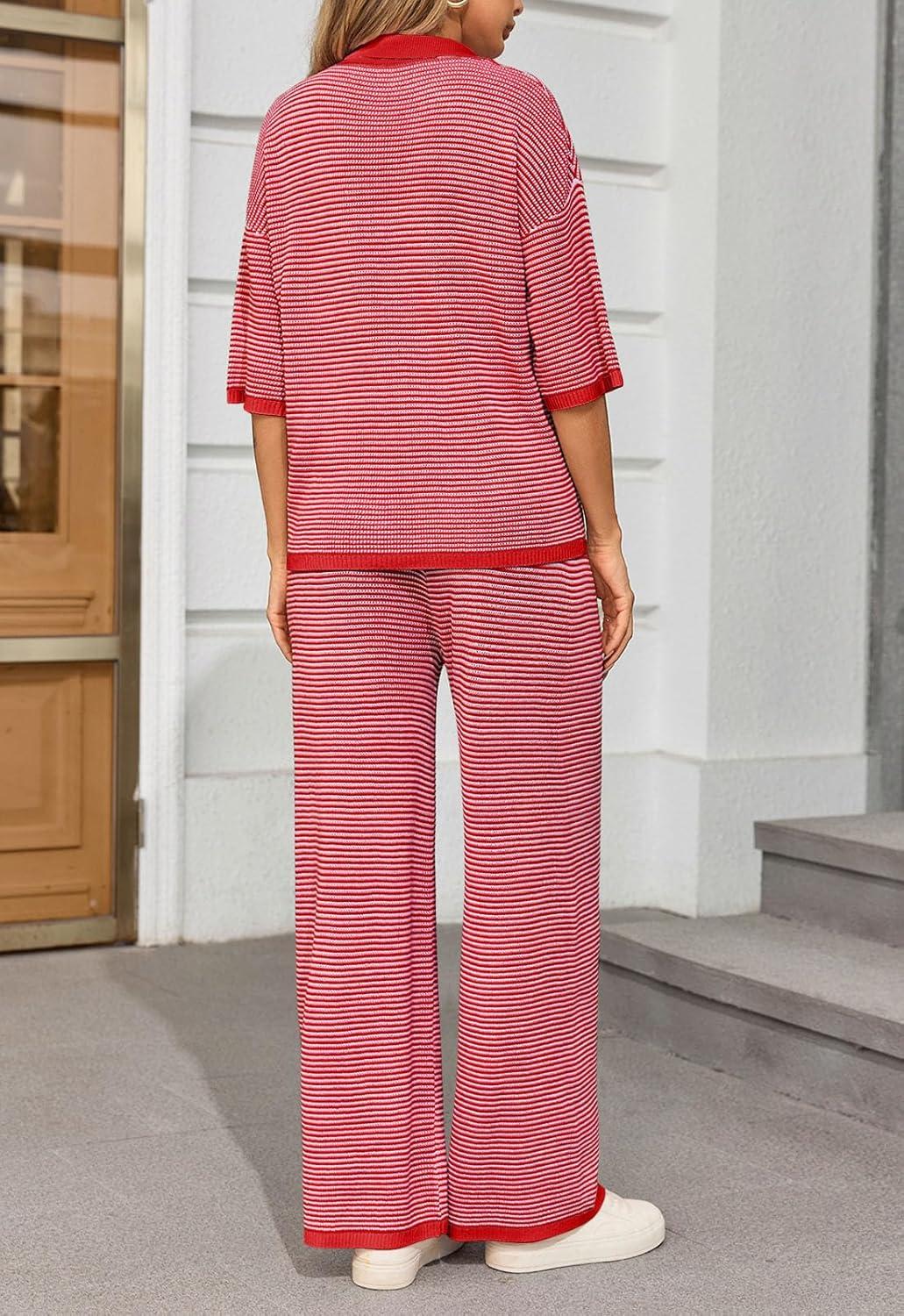 imageTankaneo Womens Sweater Set Striped 2 Piece Outfits Oversized 34 Sleeve V Neck Knit Tops Wide Leg Pants Fall Lounge SetsRed