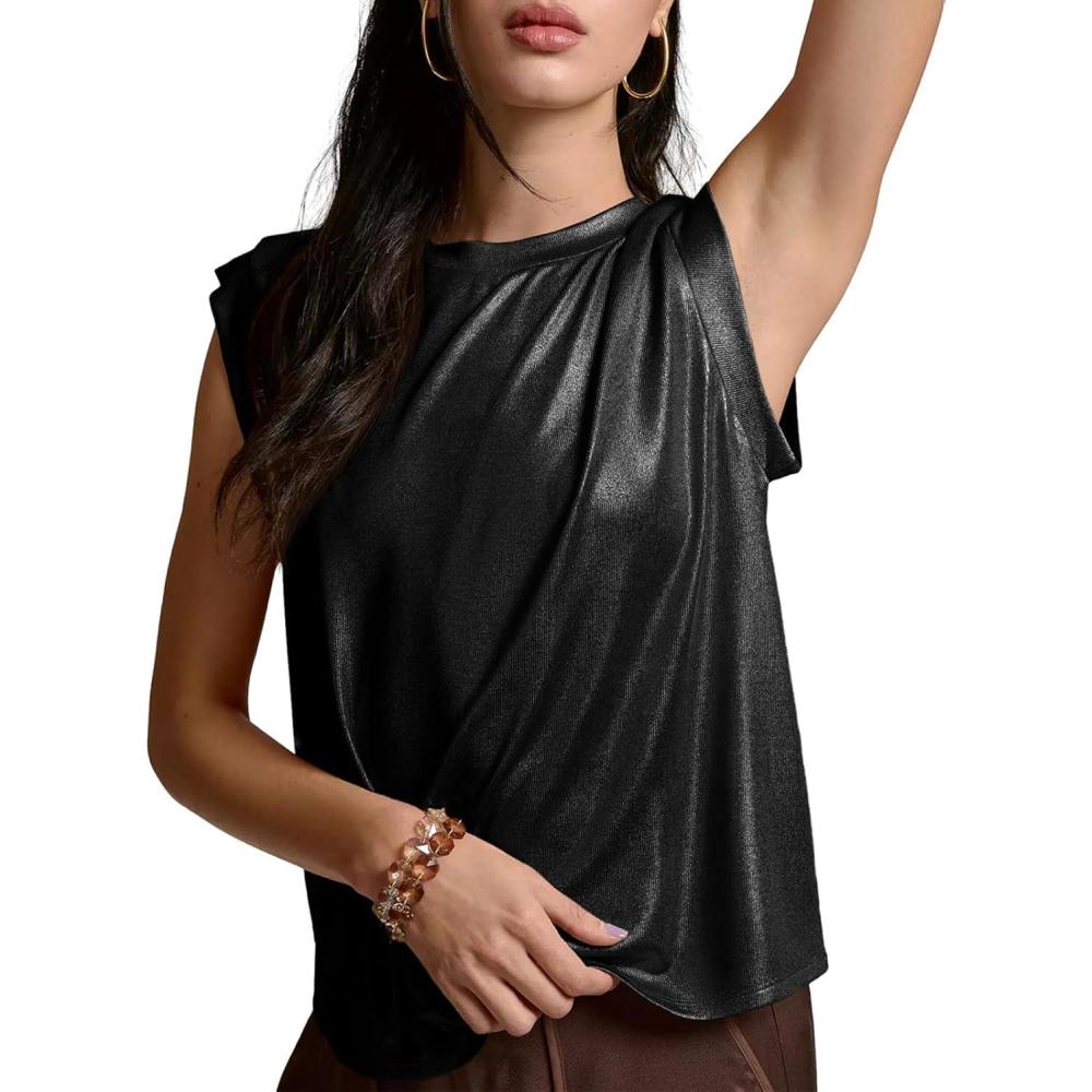 imageTankaneo Women Sparkle Casual Tank Tops Summer Sleeveless Crewneck Vest Glitter Muscle Tee ShirtsBlack