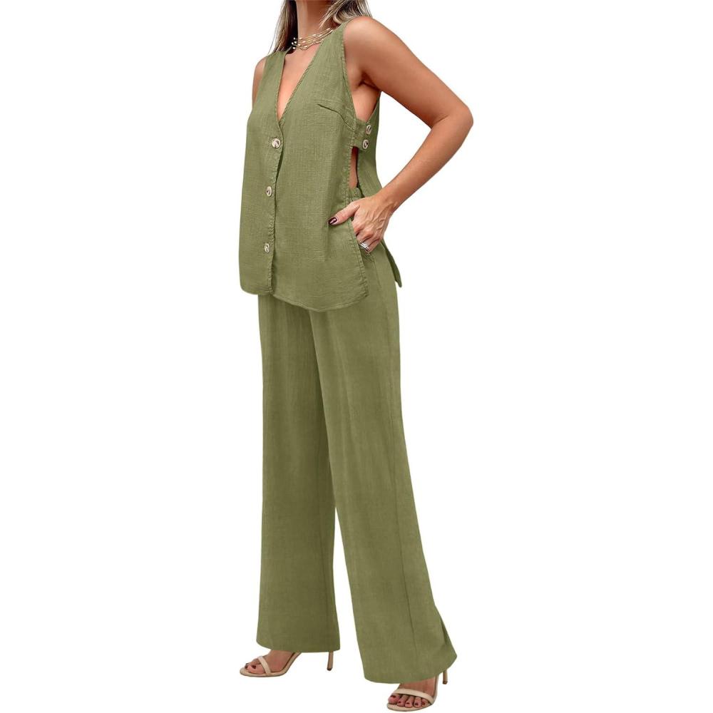 imageTankaneo Womens 2 Piece Linen Sets Summer Outfits Sleeveless V Neck Botton Down Tank Tops and Pants Matching SetArmy Green